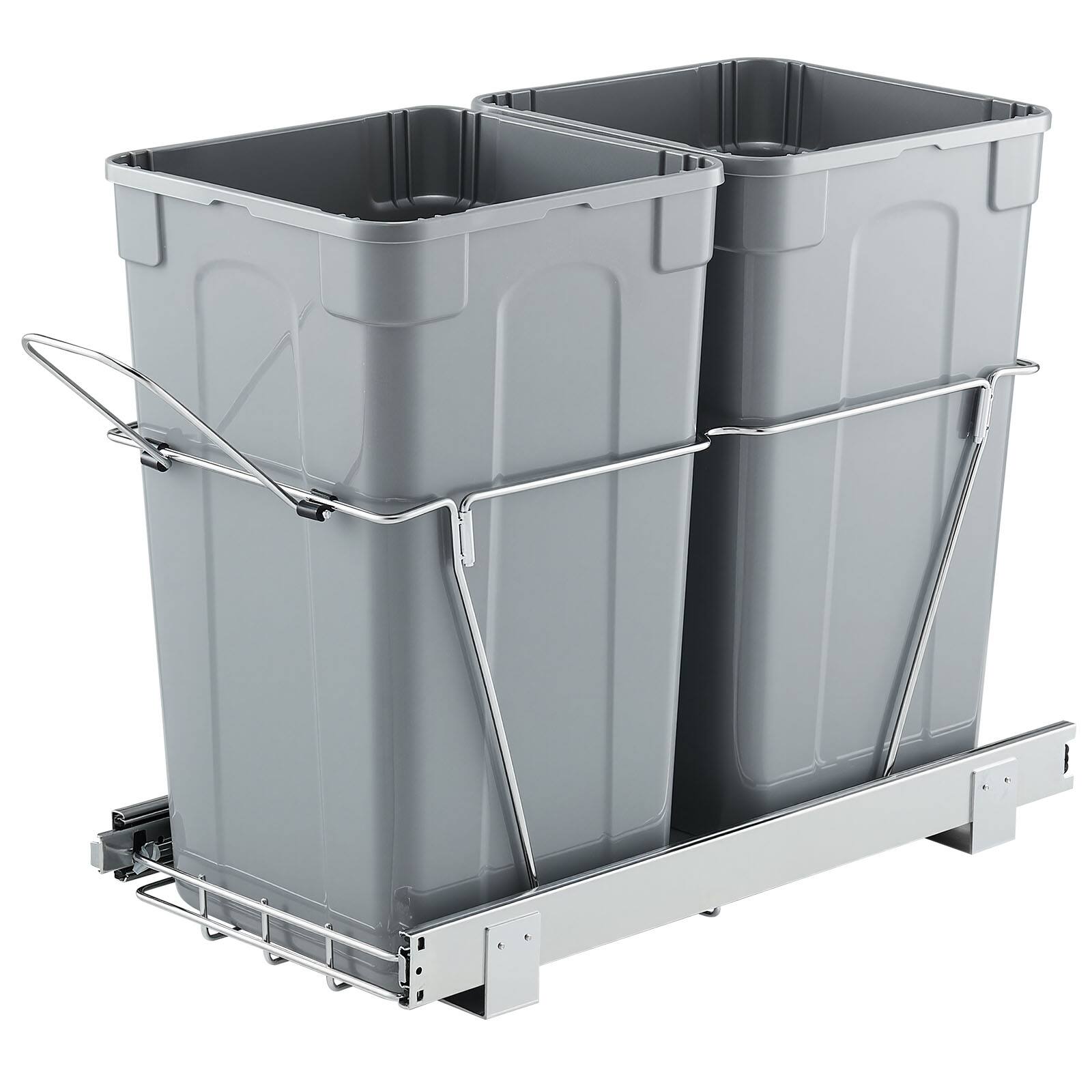 Front. VEVOR - Pullout Trash Can for Kitchen Cabinets, 27QTx2 Double Under Sink Garbage Waste Recycling Bin - Grey.