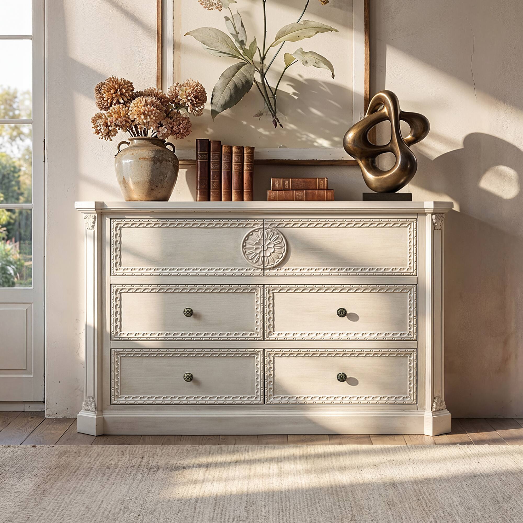 Alt View 2. Homsee - Fully Assembled Solid Wood 5 Drawer Dresser, Classic Vintage Chest of Drawers for Bedroom or Living Room - White.
