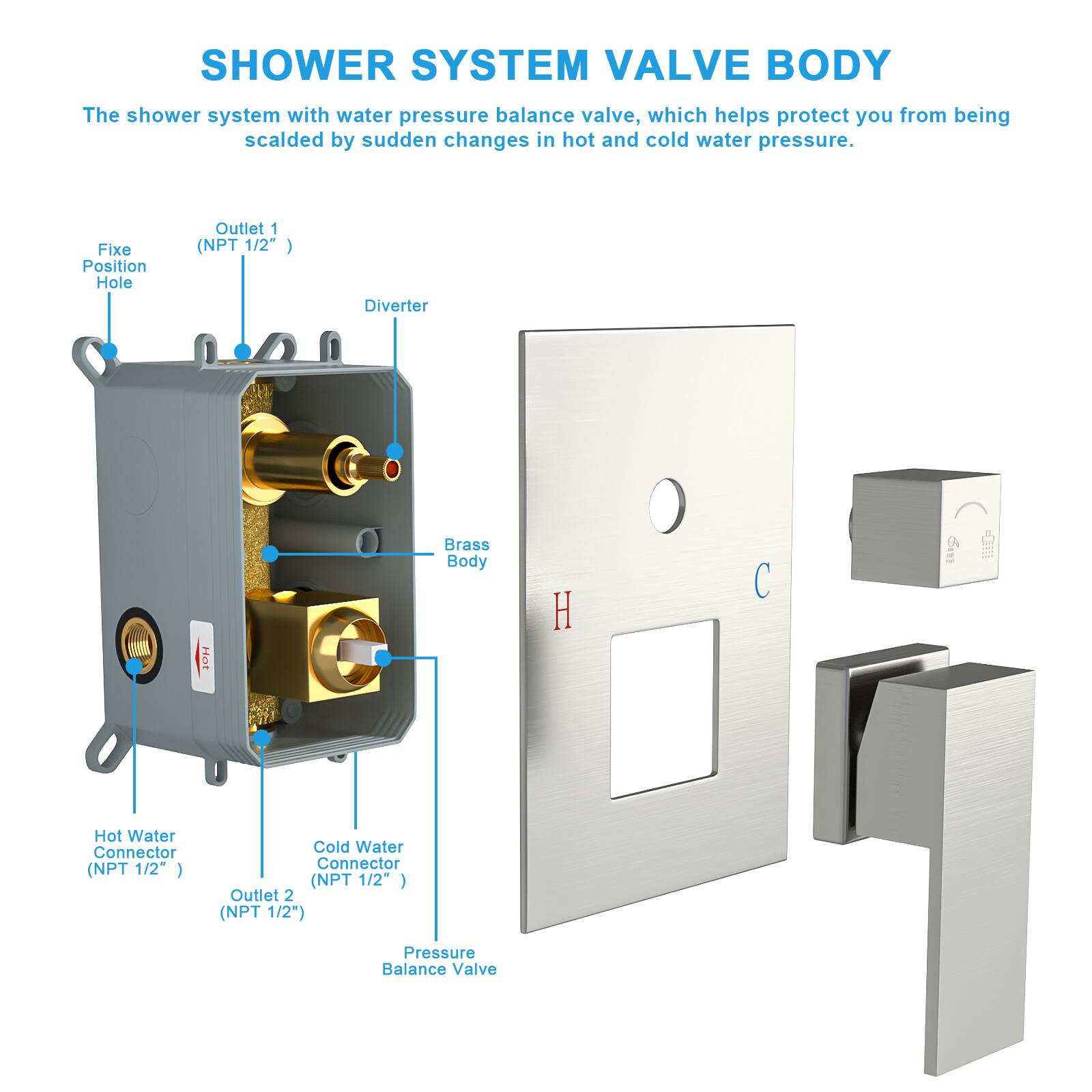 **SHOWER SYSTEM VALVE BODY**

The shower system with water pressure balance valve, which helps protect you from being scalded by sudden changes in hot and cold water pressure.

- **Fixe Position Hole**
- **Outlet 1 (NPT 1/2")**
- **Diverter**
- **Brass Body**
- **Hot Water Connector (NPT 1/2")**
- **Cold Water Connector (NPT 1/2")**
- **Outlet 2 (NPT 1/2")**
- **Pressure Balance Valve**