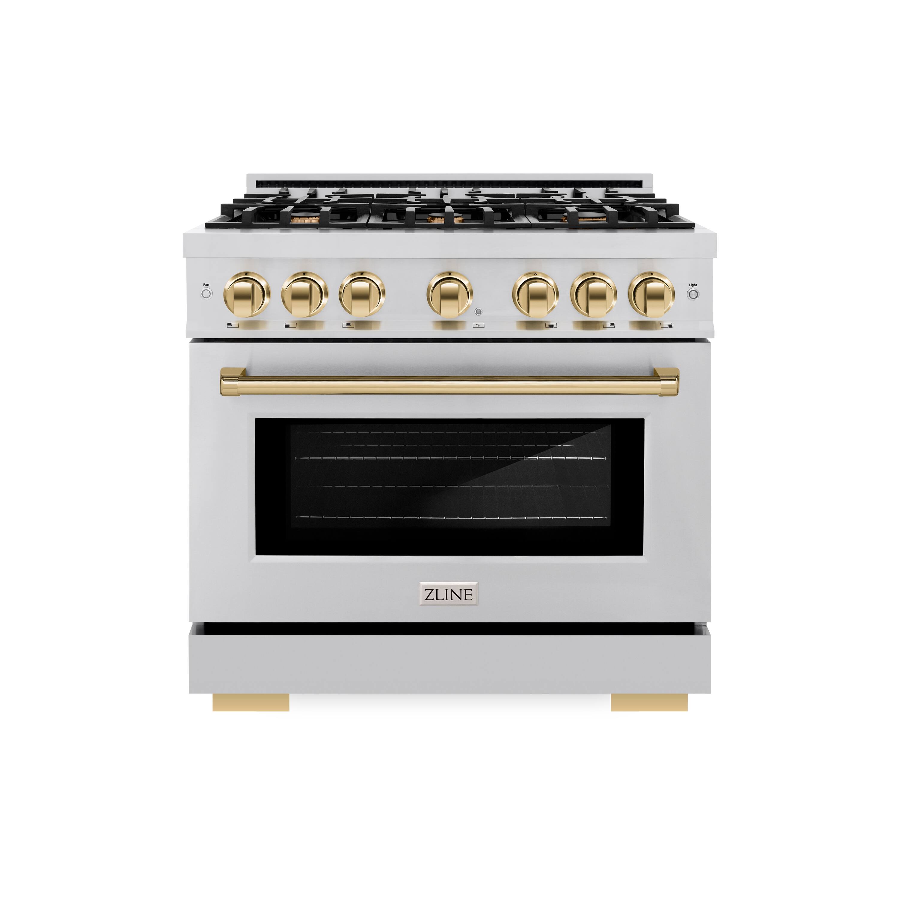 Angle. ZLINE - ZLINE Autograph Edition 36 in. 5.2 cu. ft. Freestanding Select Gas Range w/ 6 Burners & Polished Gold Accents - Stainless Steel.