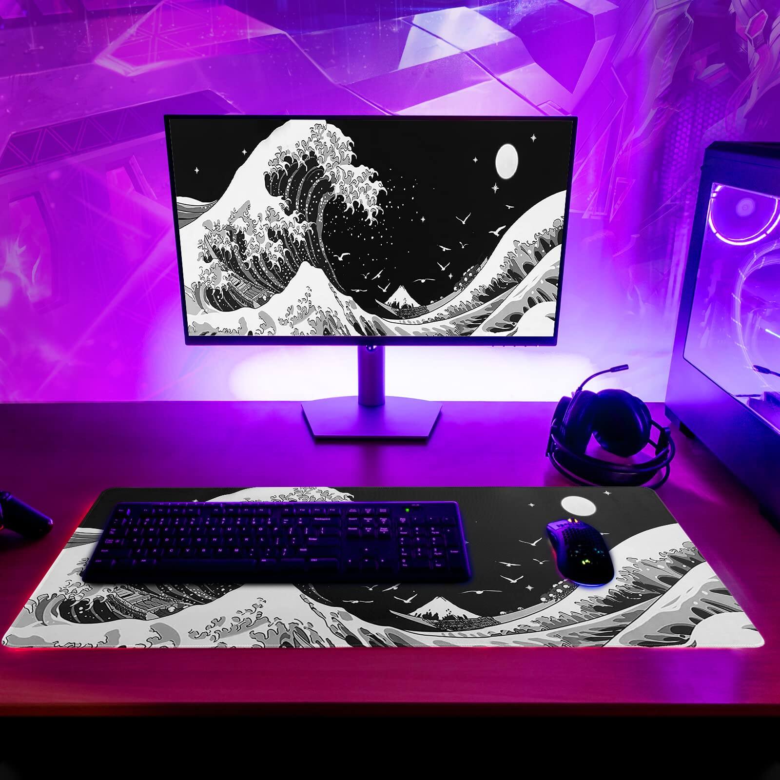 Back. Earthley Blooms - Black Sea Wave Mouse Pad - Abstract Gaming 31.. Non-slip Rubber Base Large Mousepad Stitched Edges Mat Desk - Black Japanese Sea Wave.
