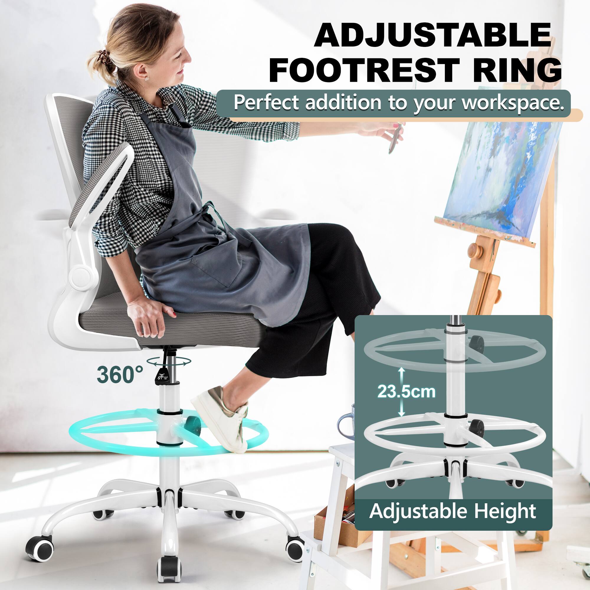 ADJUSTABLE FOOTREST RING  
Perfect addition to your workspace.  

360°  

23.5cm Adjustable Height