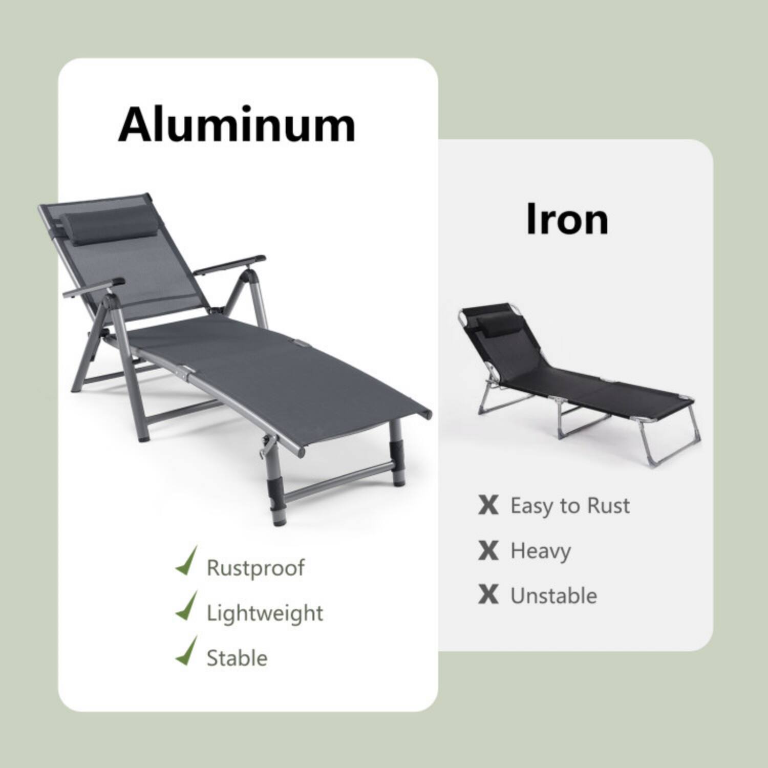 Aluminum  
- Rustproof  
- Lightweight  
- Stable  

Iron  
- Easy to Rust  
- Heavy  
- Unstable