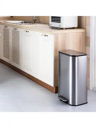 Front. GARVEE - 50L Trash Can Stainless Steel Garbage Can With Lid Step On Pedal Bucket Rectangular Trash Can - Silver 50L.