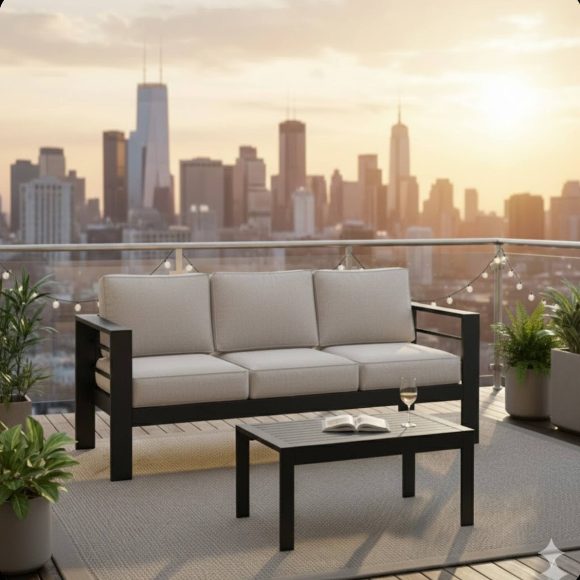 Angle. Mondawe - 2 Pieces Outdoor Patio Sofa Set with 75" 3-Seat Sofa and 43" Coffee Table - Black+ Gray.