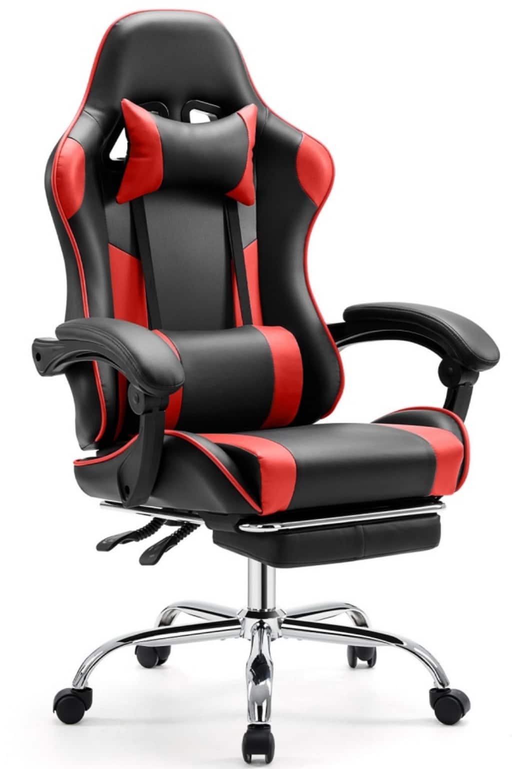 Front. Bestier - Gaming Chair - PU Leather Fixed up Armrest Lumbar Support Ergonomic Reclining PC Chair With Rocking Mode & Footrest - Red.