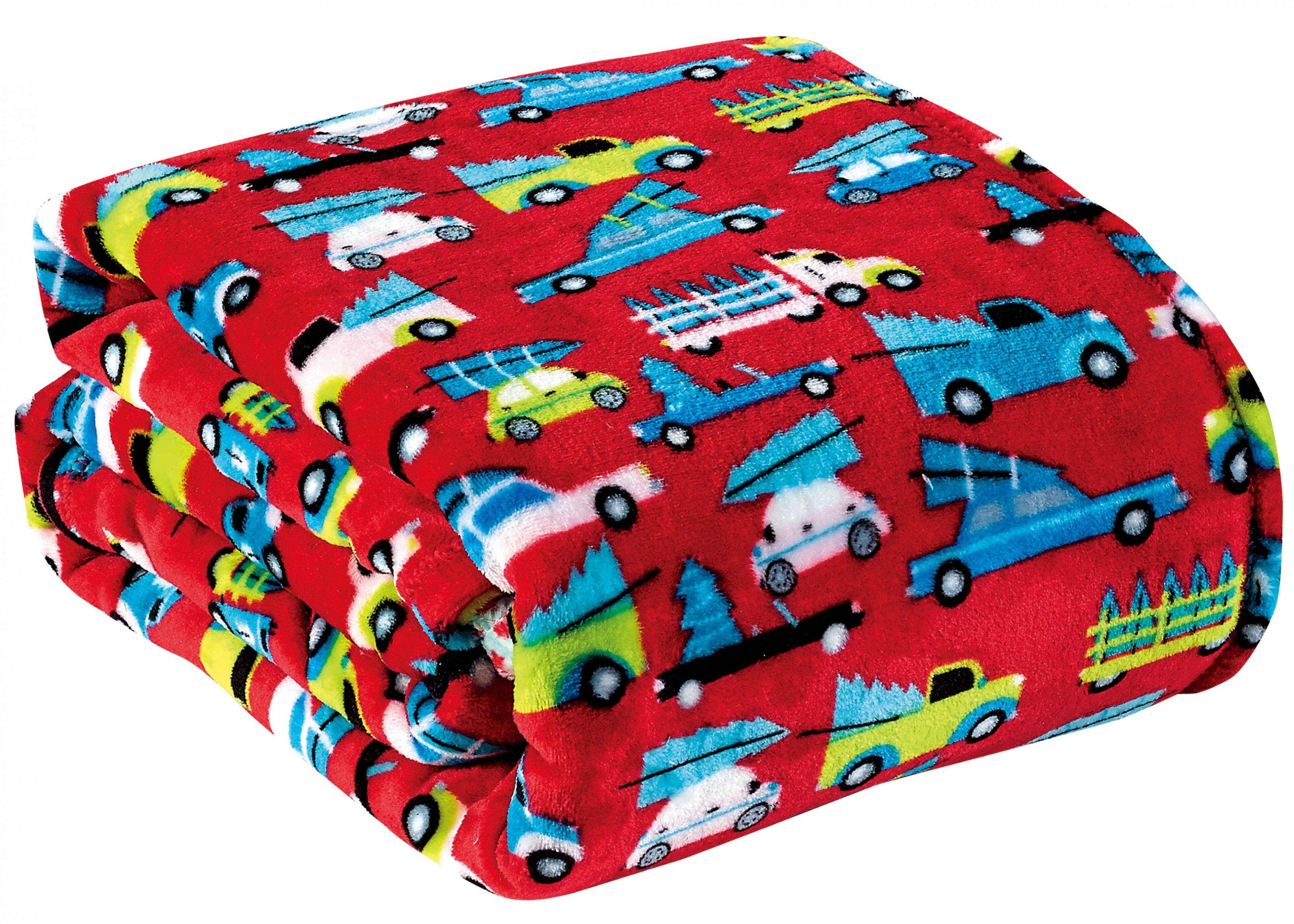 Angle. Noble House - Christmas  Festive and Cheery Holiday Super Soft Ultra Comfy Microplush Throw Blanket 50"x60" Red Cars - RC.