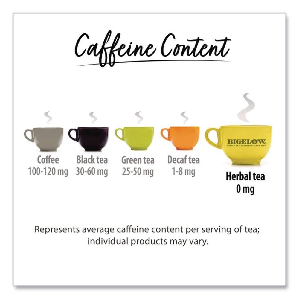 Caffeine Content

- Coffee: 100-120 mg
- Black tea: 30-60 mg
- Green tea: 25-50 mg
- Decaf tea: 1-8 mg
- Herbal tea: 0 mg

Represents average caffeine content per serving of tea; individual products may vary.