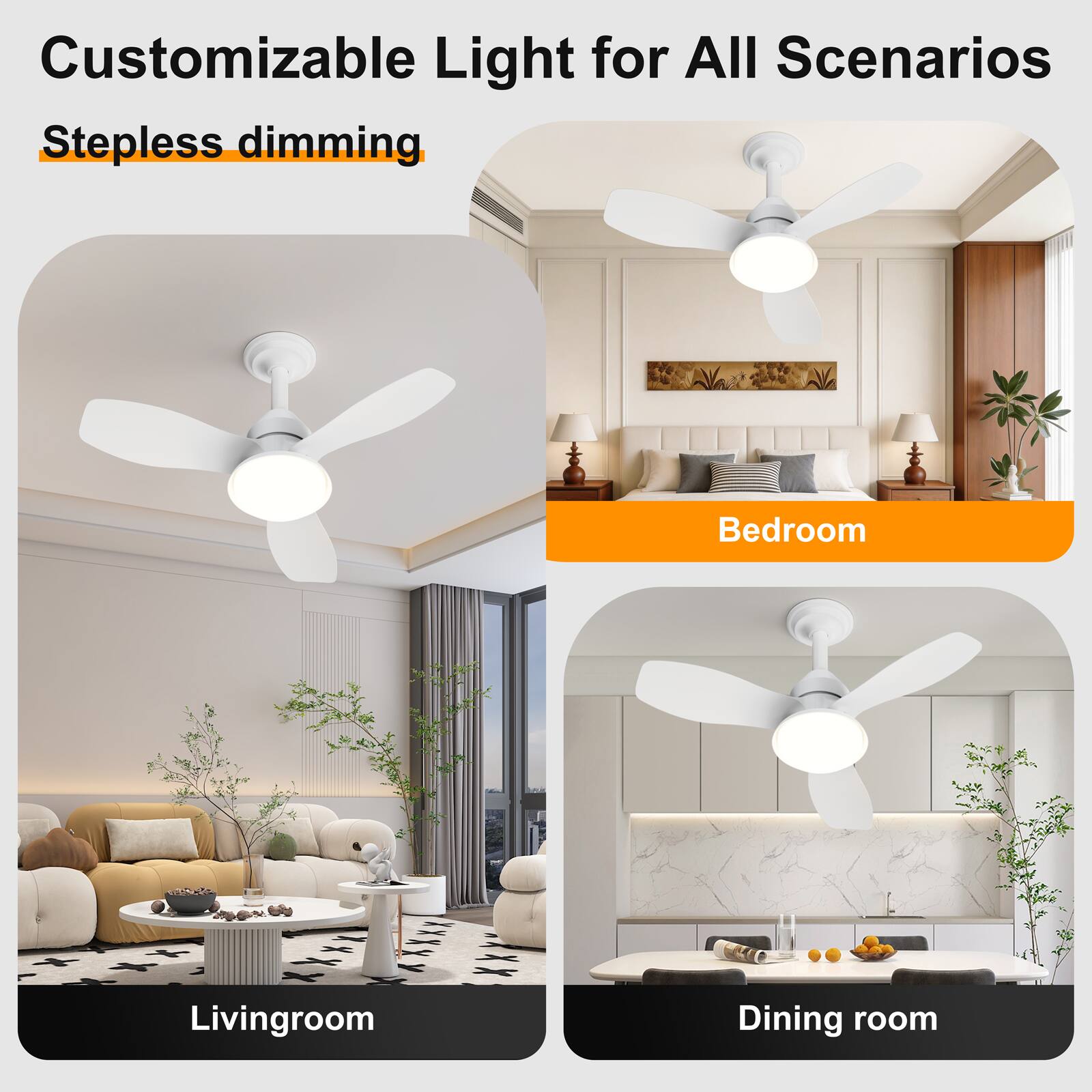 Customizable Light for All Scenarios  
Stepless dimming  

Bedroom  
Living room  
Dining room