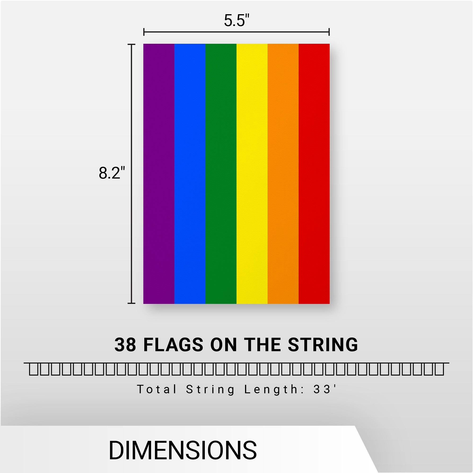 5.5" x 8.2"  
38 FLAGS ON THE STRING  
Total String Length: 33'  
DIMENSIONS
