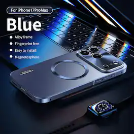 Dteck - Aluminum Metal Frame PC Back Drop Protection Shockproof Mag Safe Case Camera Lens Cover For Apple iPhone 17 Pro Max - Blue