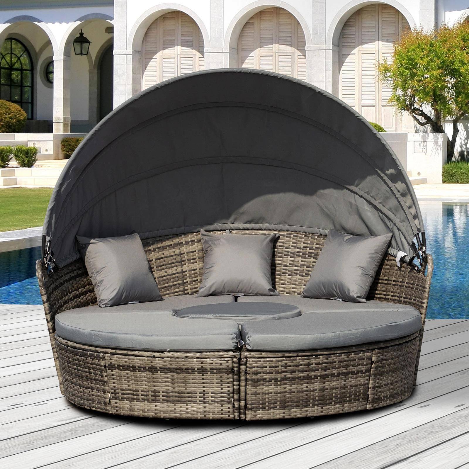 Alt View 6. Resenkos - Resenkos 4-Piece Round Convertible Daybed with Cushions, Outdoor Sectional Furniture, PE Rattan, Gray - Gray.