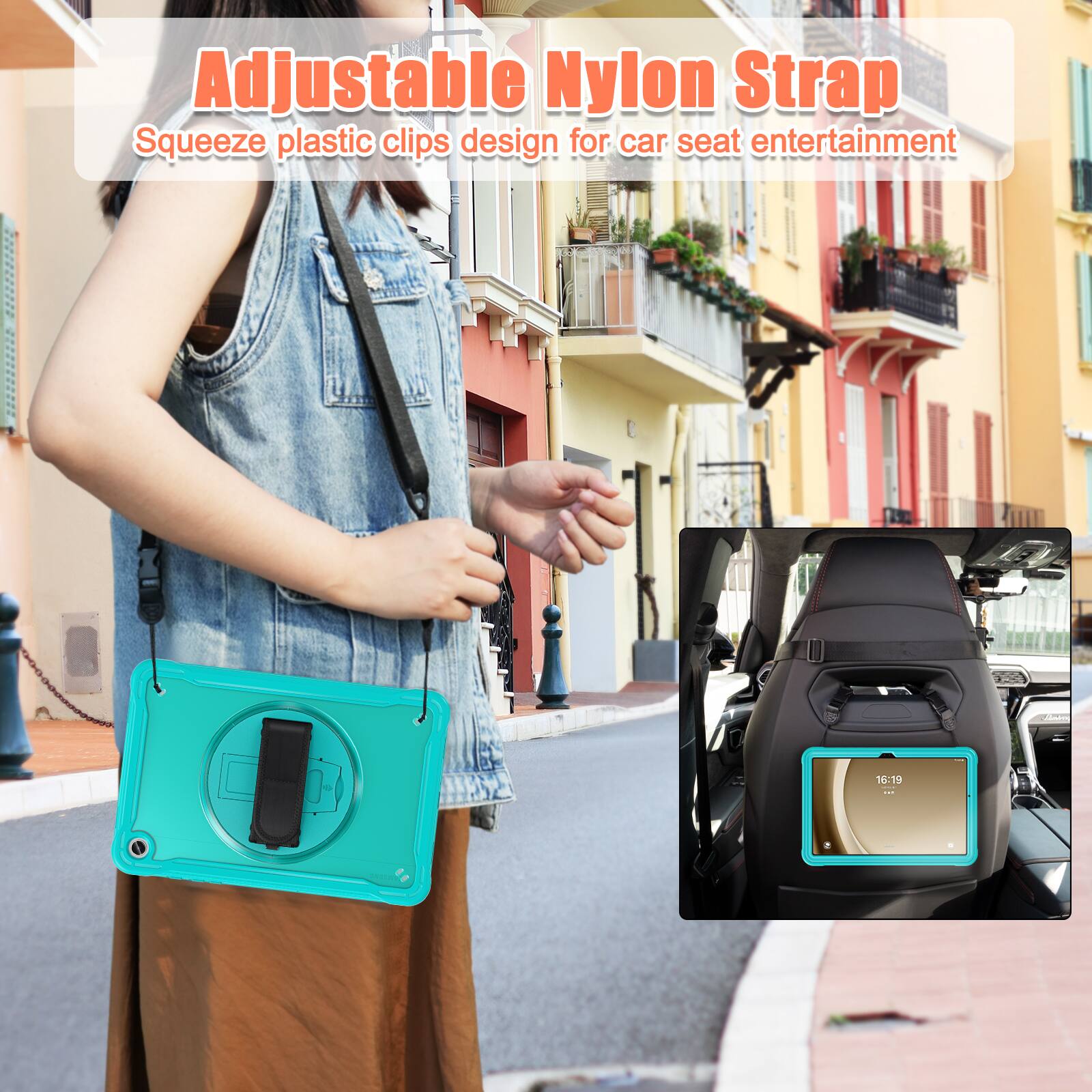 Adjustable Nylon Strap  
Squeeze plastic clips design for car seat entertainment