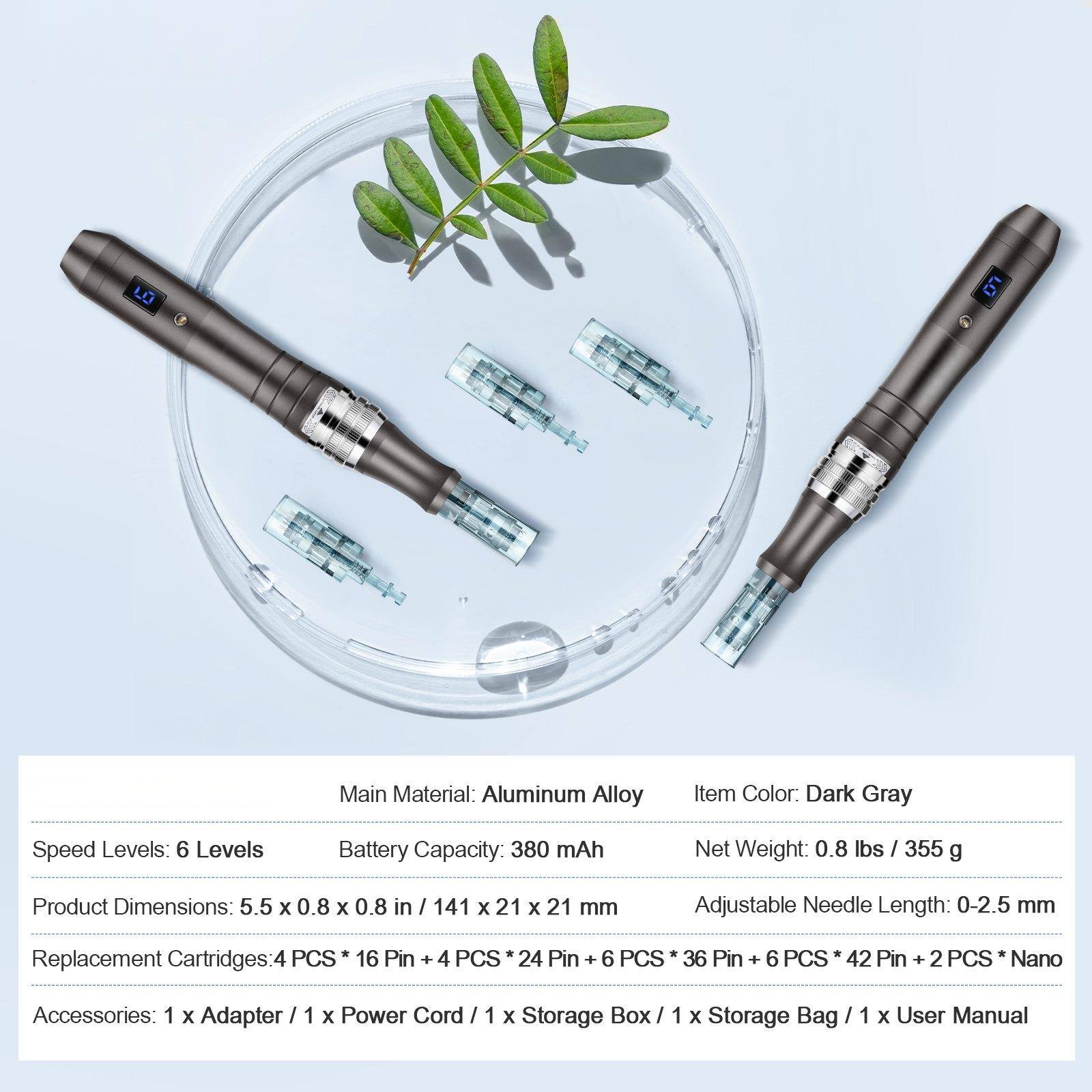 Main Material: Aluminum Alloy  
Item Color: Dark Gray  

Speed Levels: 6 Levels  
Battery Capacity: 380 mAh  
Net Weight: 0.8 lbs / 355 g  

Product Dimensions: 5.5 x 0.8 x 0.8 in / 141 x 21 x 21 mm  
Adjustable Needle Length: 0-2.5 mm  

Replacement Cartridges: 4 PCS * 16 Pin + 4 PCS * 24 Pin + 6 PCS * 36 Pin + 6 PCS * 42 Pin + 2 PCS * Nano  

Accessories: 1 x Adapter / 1 x Power Cord / 1 x Storage Box / 1 x Storage Bag / 1 x User Manual