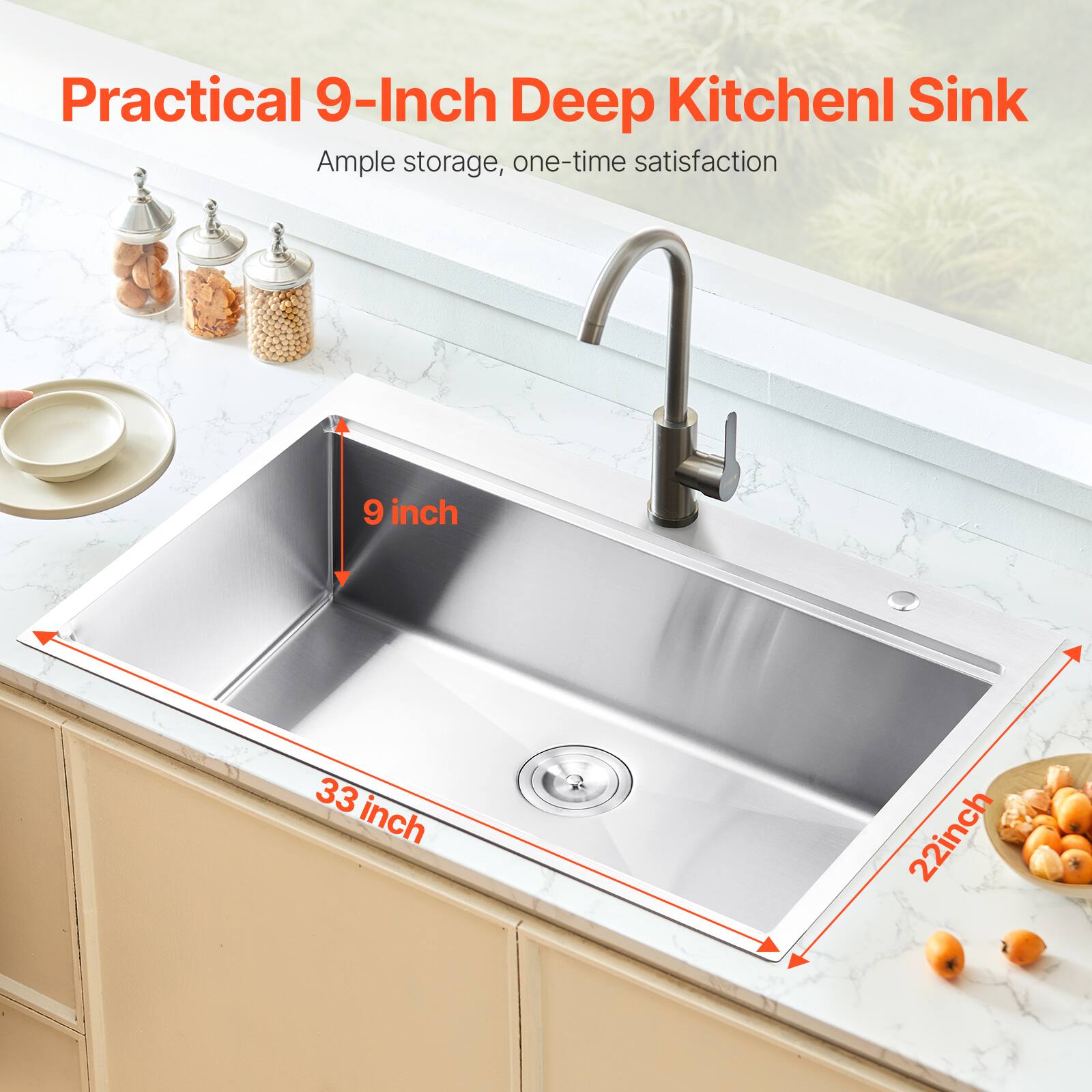 Practical 9-Inch Deep Kitchen Sink, Ample storage, one-time satisfaction, 9 inch, 33 inch, 22 inch