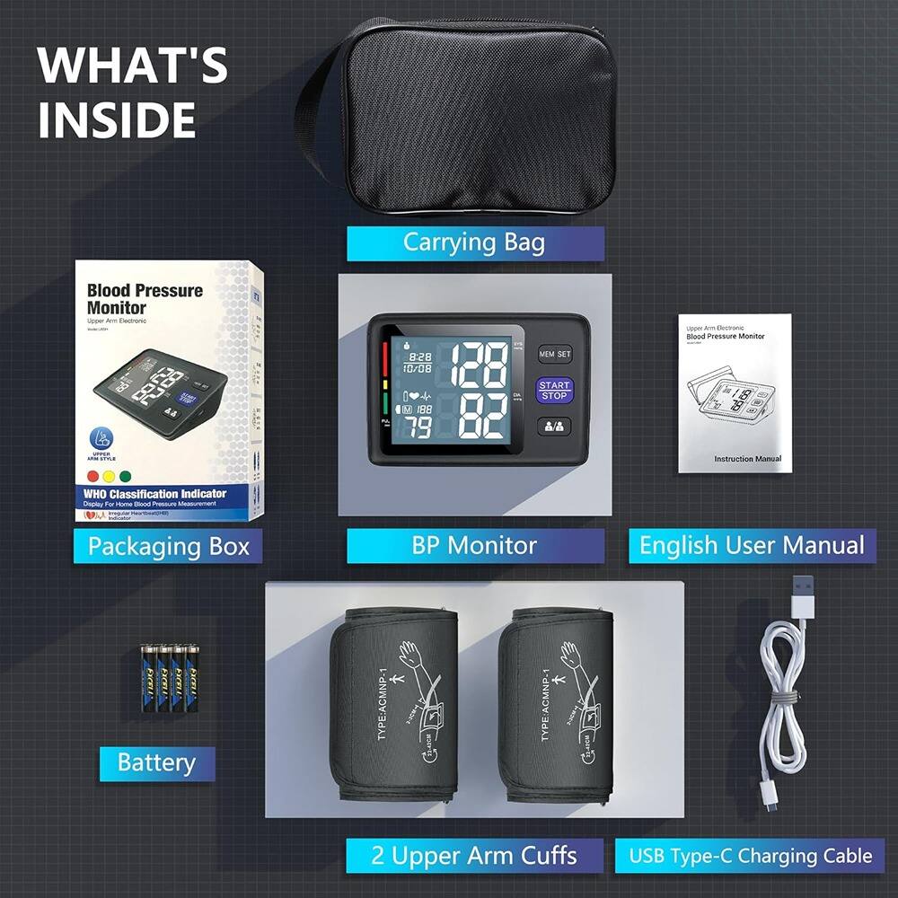 **WHAT'S INSIDE**

- **Carrying Bag**
- **Packaging Box**
  - Blood Pressure Monitor
  - WHO Classification Indicator
- **BP Monitor**
- **English User Manual**
- **Battery**
  - TYPE: ACMNP-1
- **2 Upper Arm Cuffs**
  - TYPE: ACMNP-1
- **USB Type-C Charging Cable**