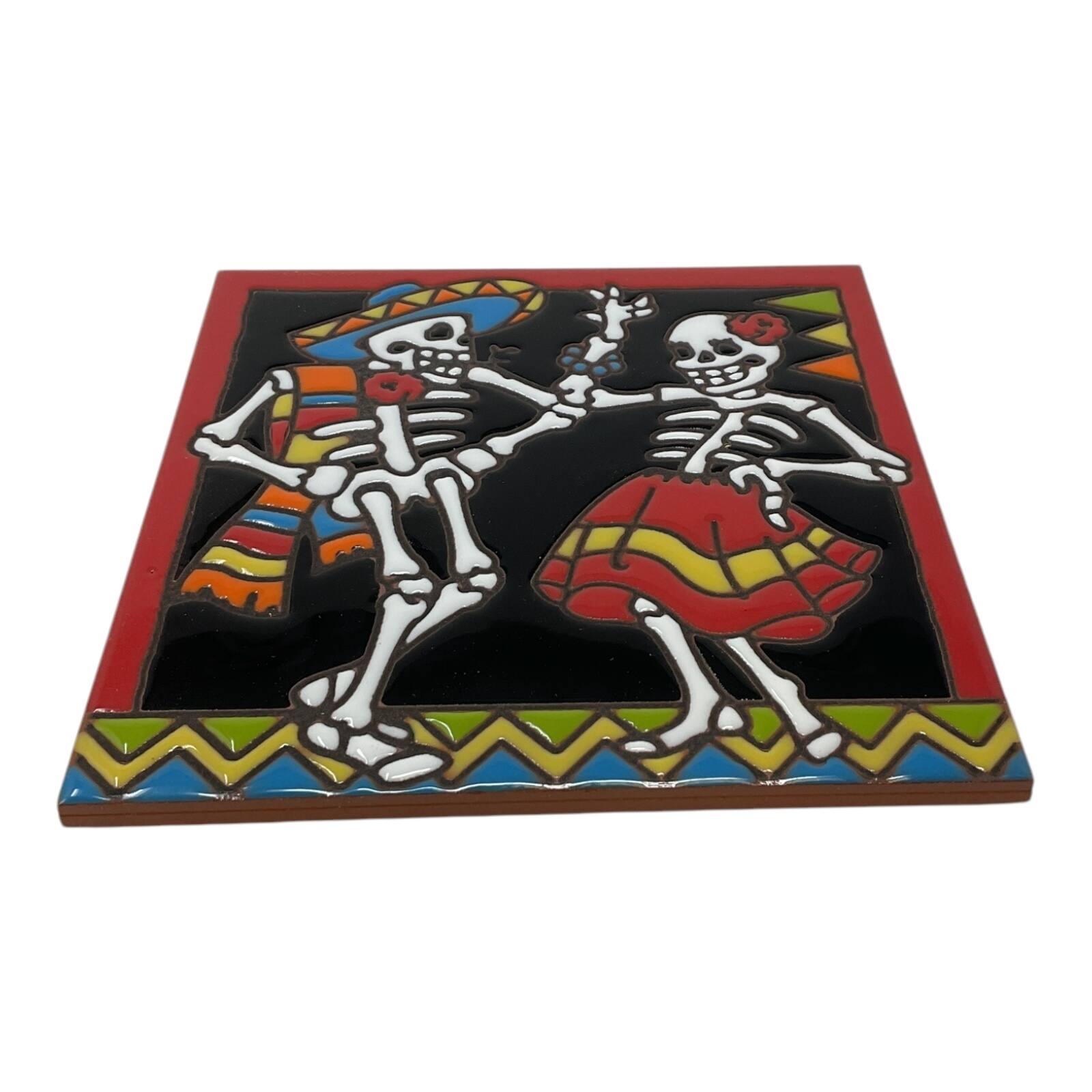 Angle. Earthtones Tile - Earthtones Day of the Dead Dancers 6X6 Hand Glazed Decorative Tile or Trivet - Multicolor.