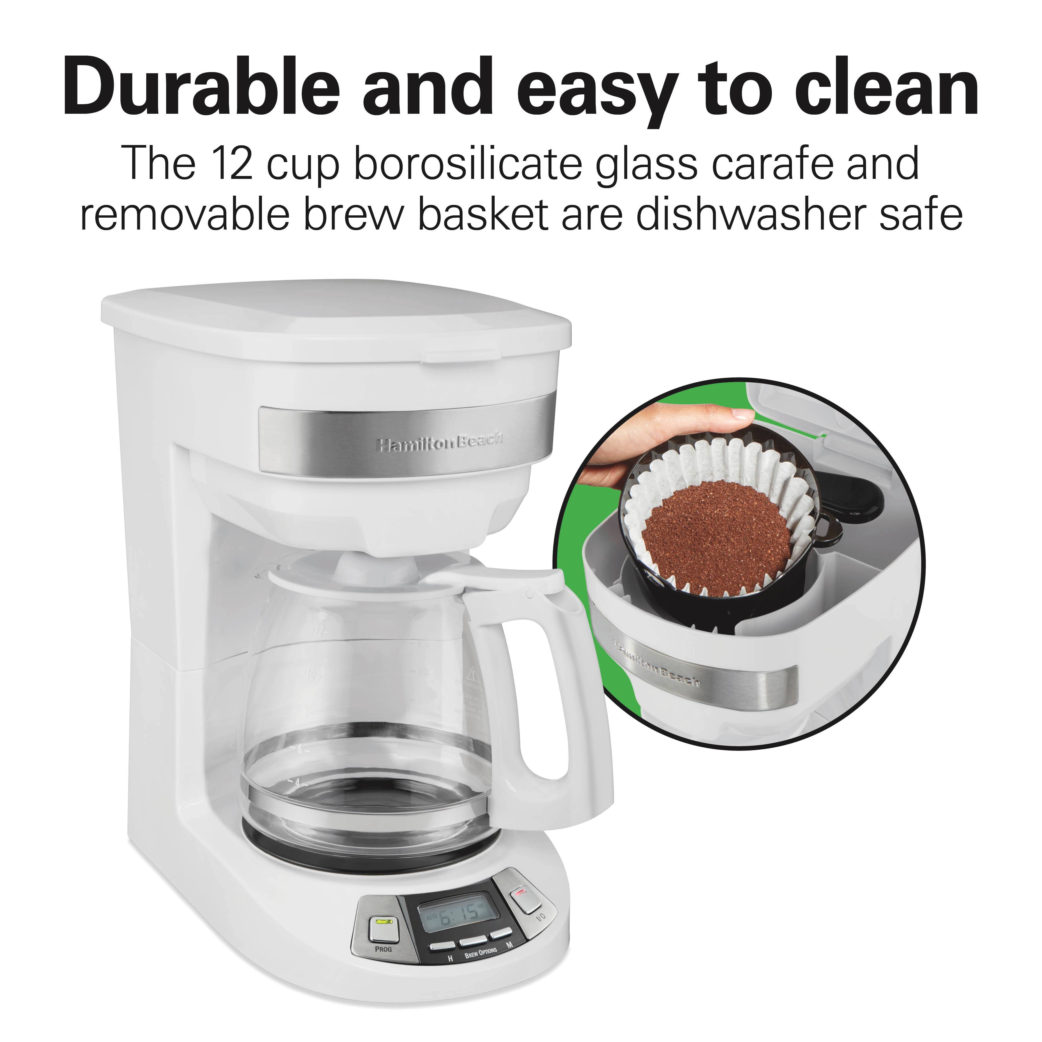 Durable and easy to clean
The 12 cup borosilicate glass carafe and removable brew basket are dishwasher safe