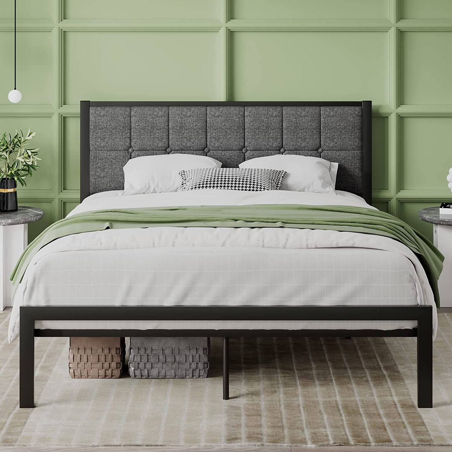 Angle. Hivvago - Hivvago Queen Metal Platform Bed Frame with Button Tufted Upholstered Headboard - Dark Grey.