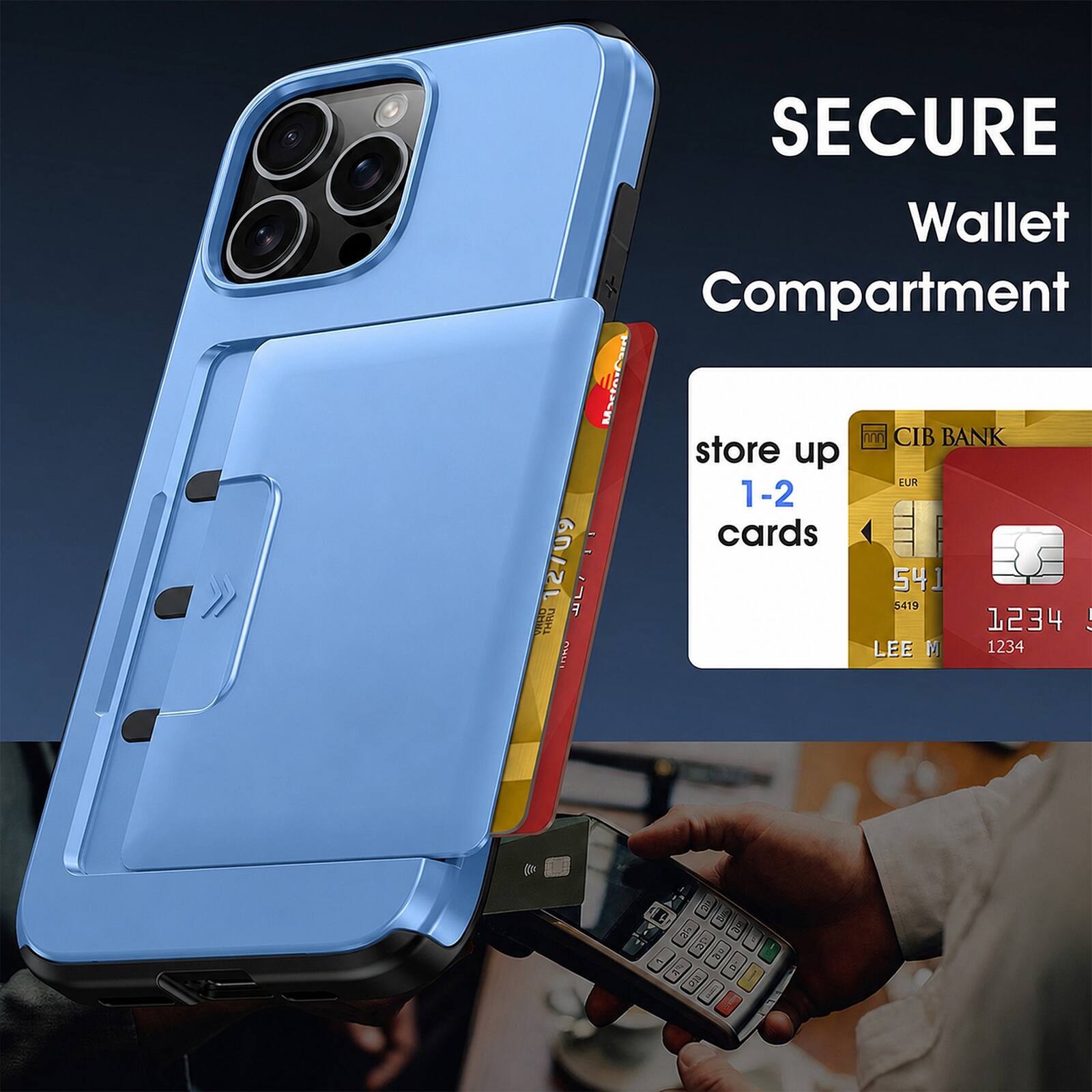 SECURE Wallet Compartment  
store up 1-2 cards  
CIB BANK EUR  
541 5419 1234  
LEE M 1234