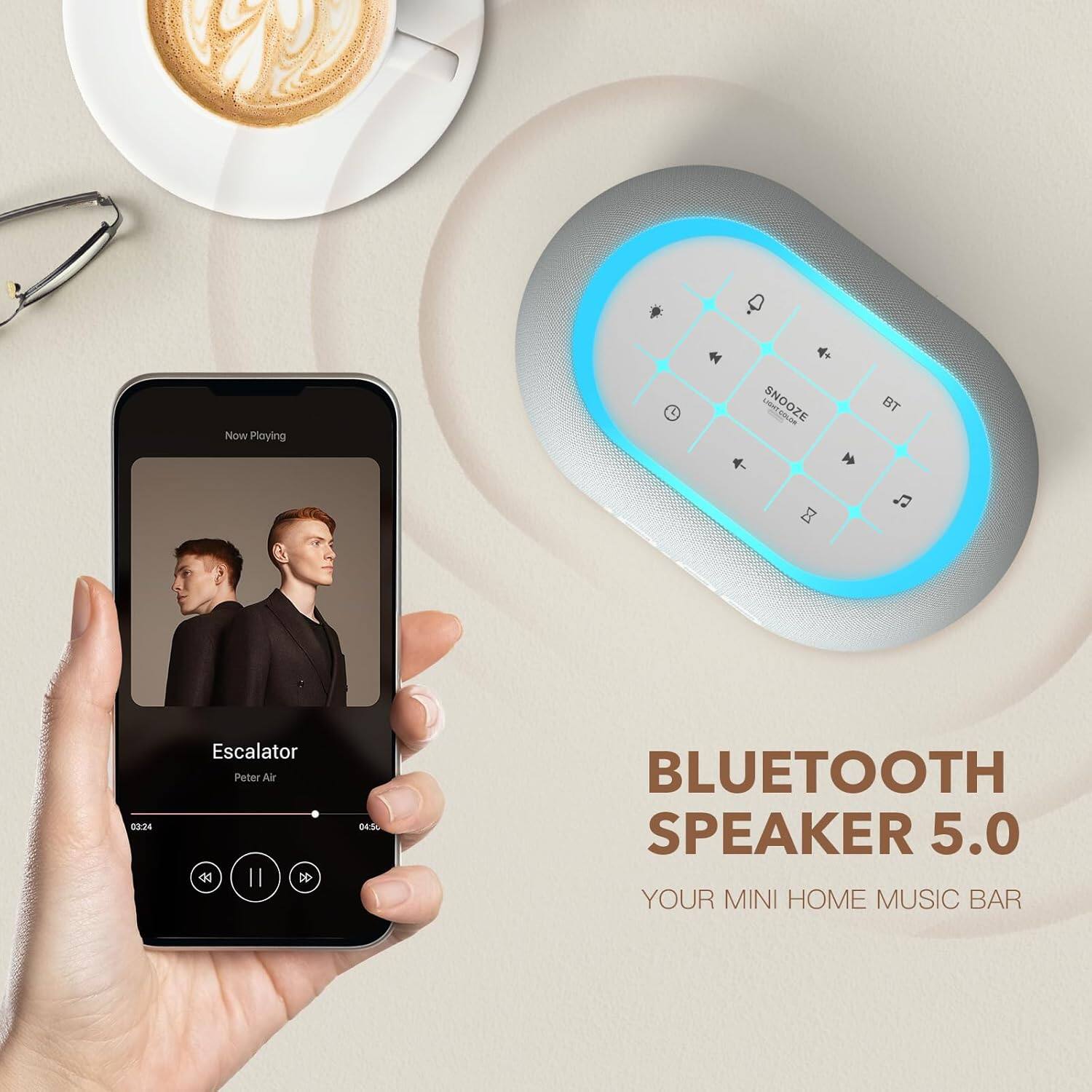 Now Playing  
Escalator  
Peter Air  
03:24 / 04:50  

Bluetooth Speaker 5.0  
Your Mini Home Music Bar