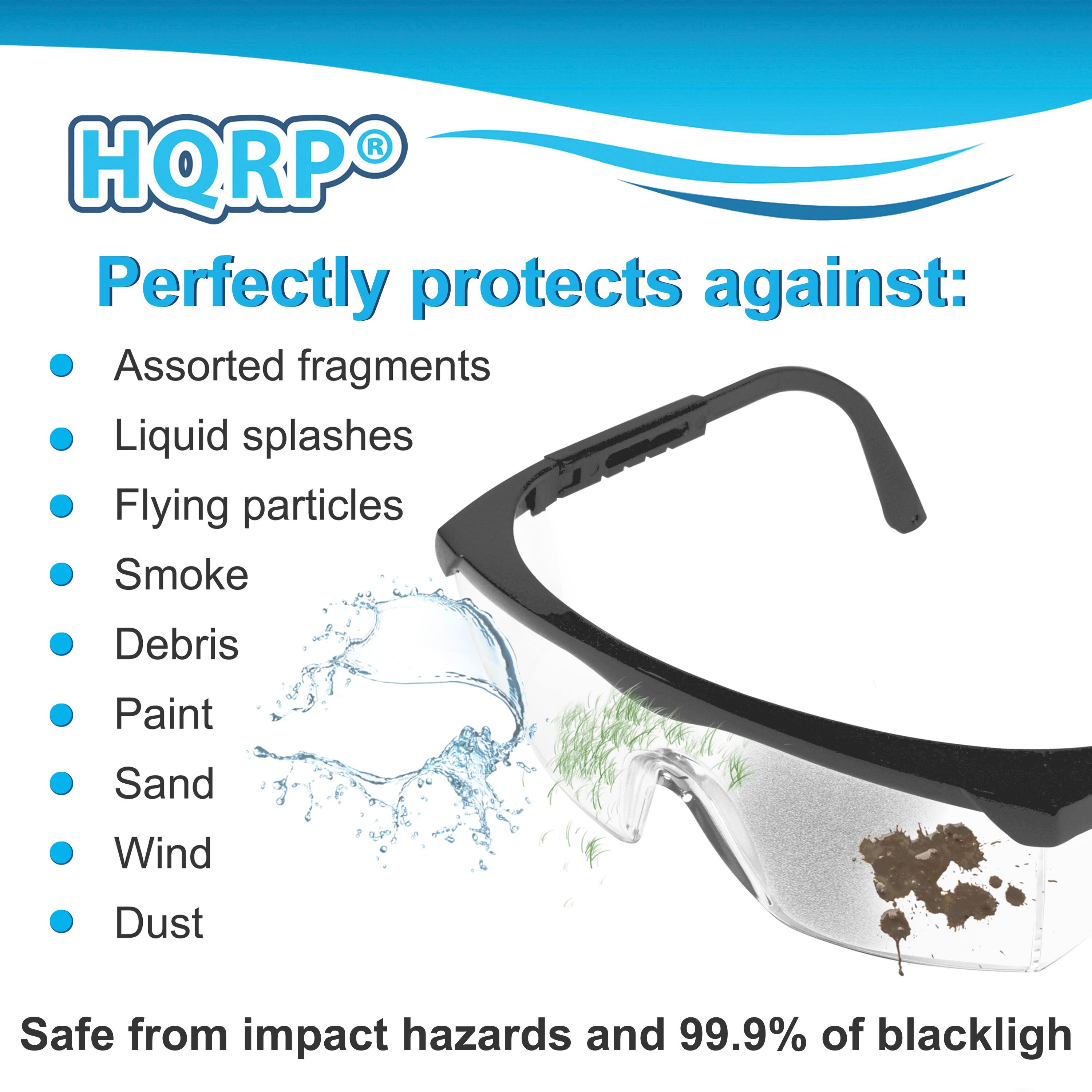 HQRP®

Perfectly protects against:
- Assorted fragments
- Liquid splashes
- Flying particles
- Smoke
- Debris
- Paint
- Sand
- Wind
- Dust

Safe from impact hazards and 99.9% of blacklight