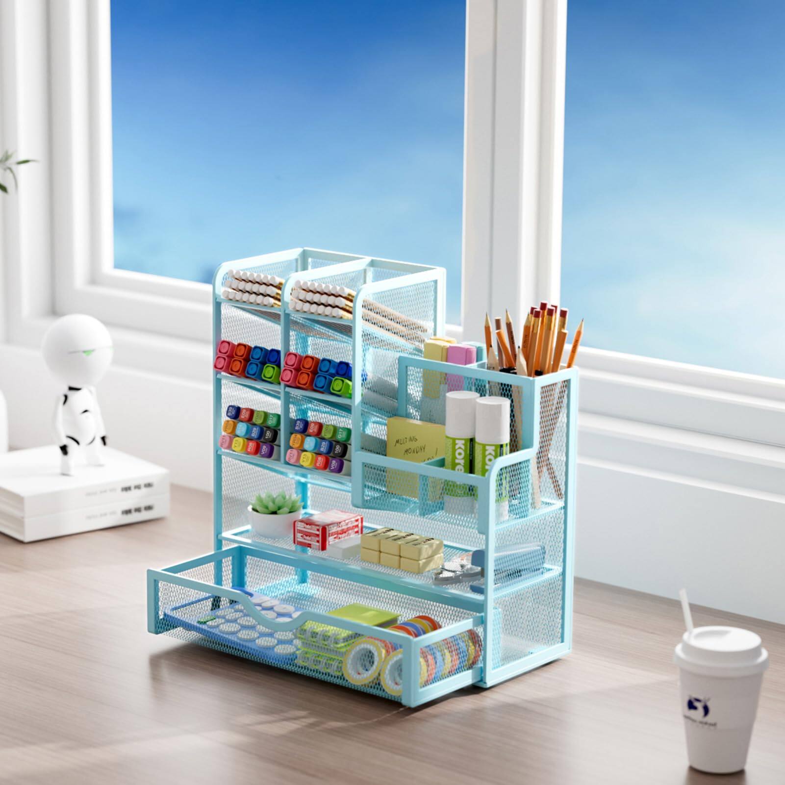 Alt View 5. Dapper Styles - Mesh Pen Holder For Desk Multi-functional Pencil Organizer With Drawer Organizers And Accessories Office Ar... - Balck Mesh Pen Holder with Drawer.