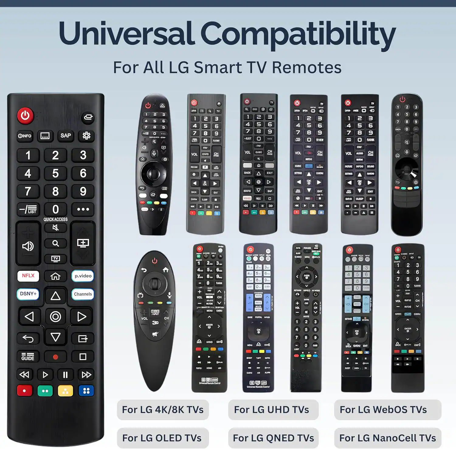 Universal Compatibility For All LG Smart TV Remotes

- OINF
- 1 4 7
- SAP 2 5 8 0
- QUICKACCESS A 3 6 9

- NCX 4 - 2 i B D - A & . i - 3 6 9 - S 4 A E a 4 7 a IOL - - . 2 5 5 8 9 ... - Oe A - - - - 2 4 u 7 a . - VCL - Y - 4 = 6 9 aVER - - 40 2 = 4 5 6 7  9  O - - HOL CH - - - -  d - - i -  NFLX DSNY+ Y p.video Channels 1 2. 4. 5. r 8. D + m 3 6. a - - J. 5. 8. D. 1 .. a - 4 2 0 3 5 4 7 - - 2 5 8 D 3 6 P - C - VA EE 3 4 - - - P o