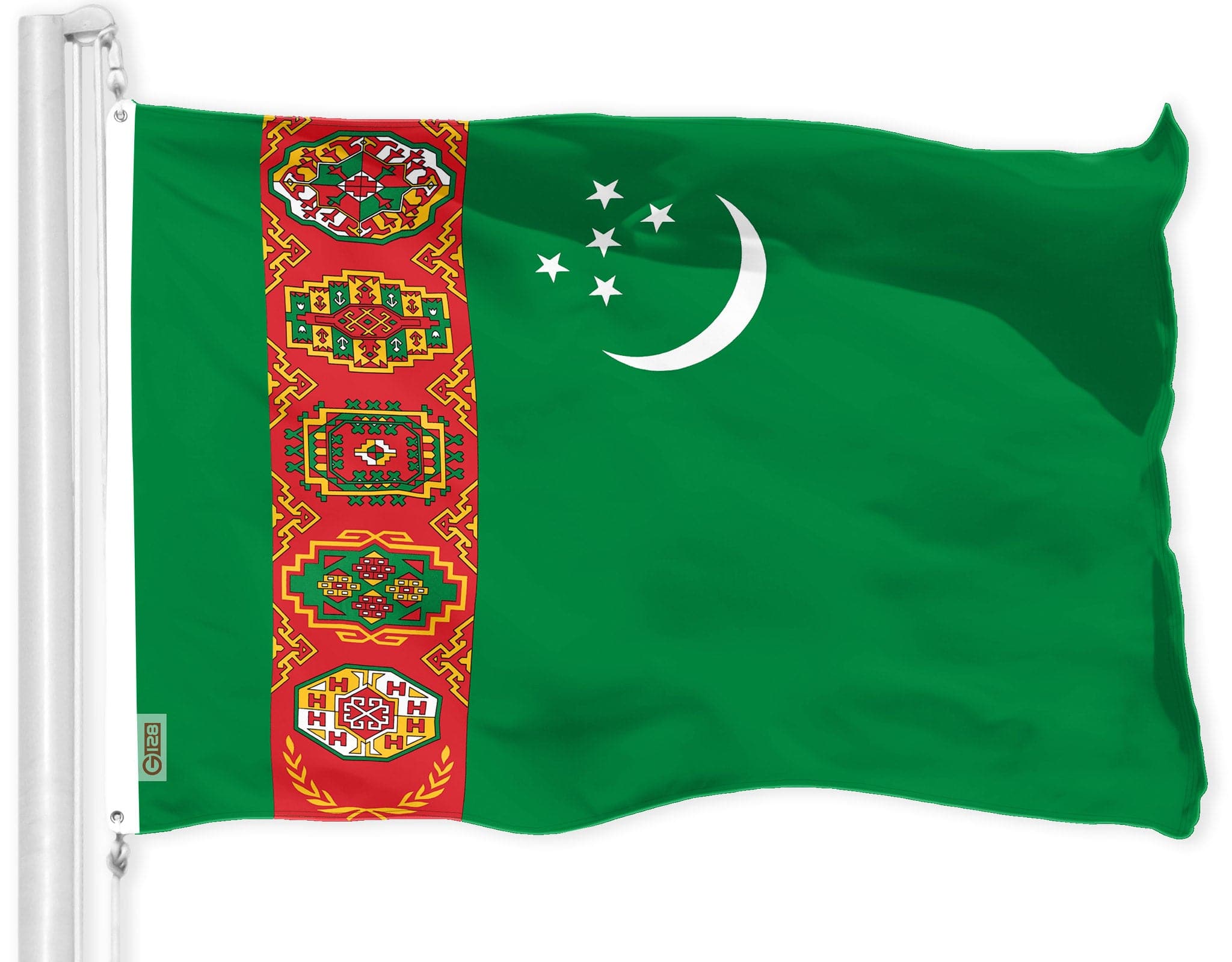 G128 - Turkmenistan Flag — 3x5 ft Printed 150D Polyester with Brass Grommets - Assorted Colors