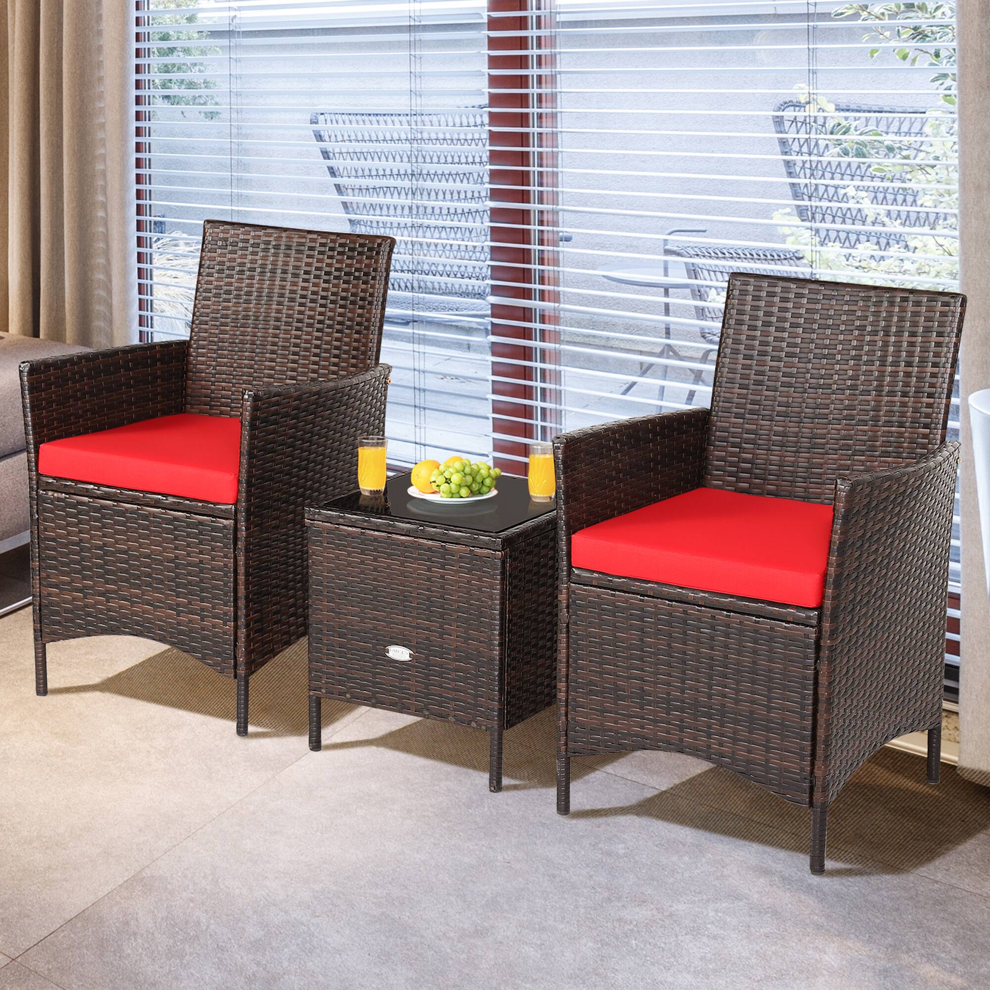 Alt View 4. Gymax - Gymax 3PCS Outdoor Rattan Conversation Set Patio Furniture Set w/ Red Cushions - Brown.