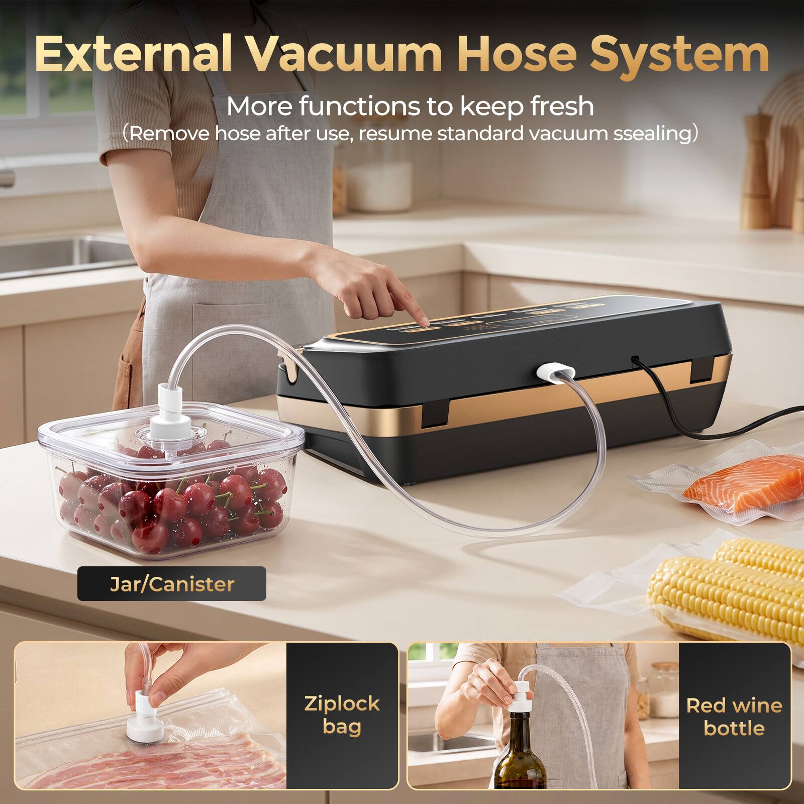 External Vacuum Hose System  
More functions to keep fresh  
(Remove hose after use, resume standard vacuum sealing)  

Jar/Canister  
Ziplock bag  
Red wine bottle