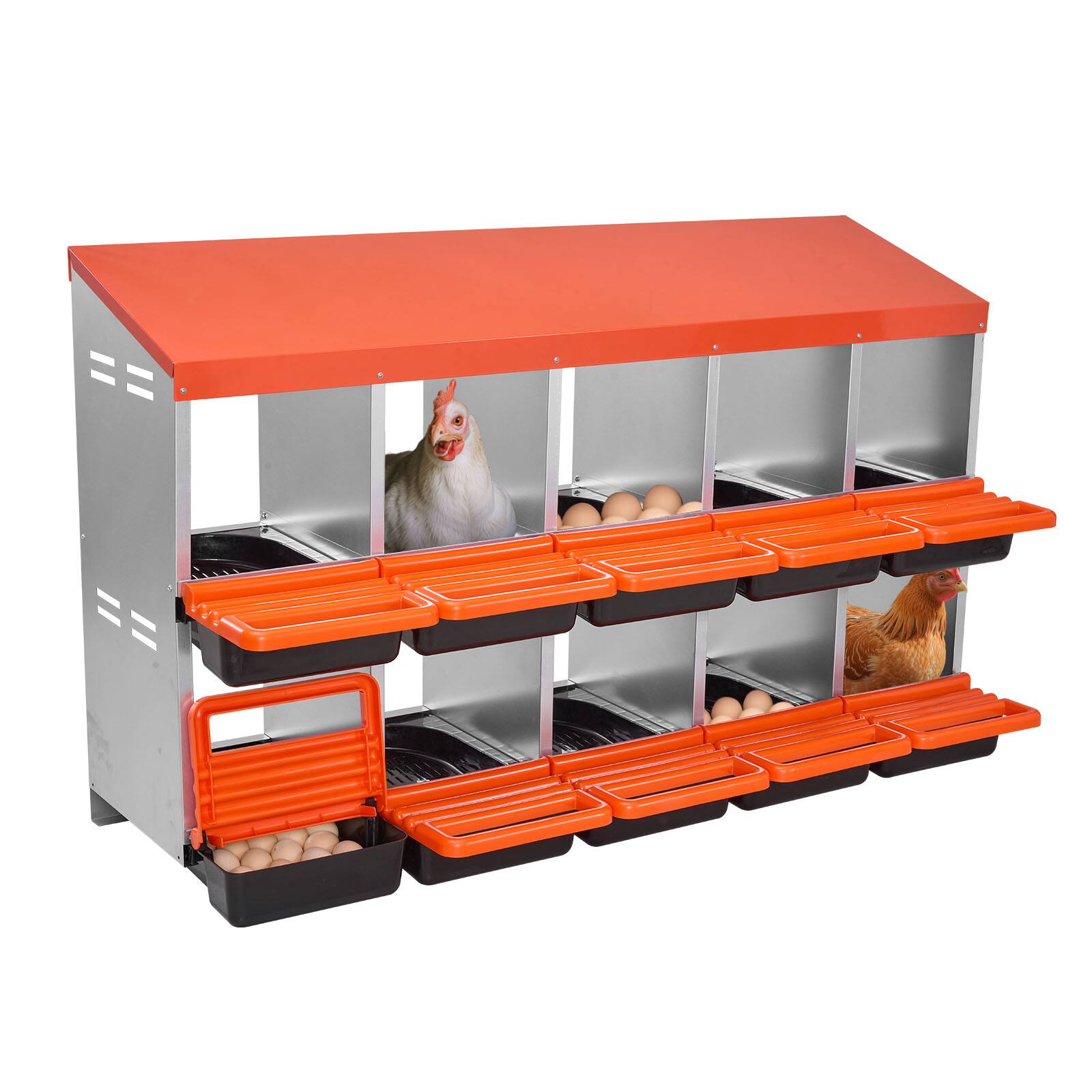Front. VEVOR - 2 Tiers Chicken Nesting Boxes, 10 Compartments, Metal Egg Laying Boxes with Protective Collection Lids, Roll Out Nesting - Orange + Galvanized Steel Natural Color + Black.