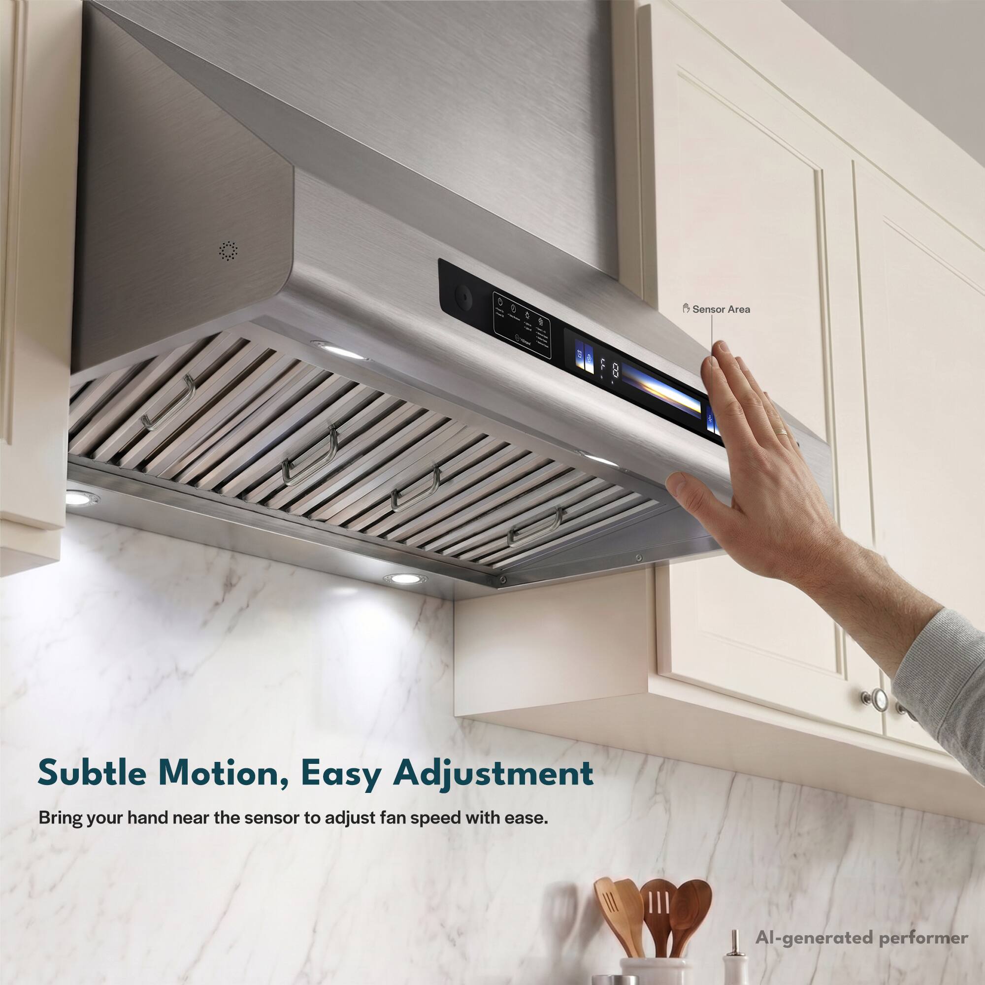 6 Sensor Area  
Subtle Motion, Easy Adjustment  
Bring your hand near the sensor to adjust fan speed with ease.  
AI-generated performer