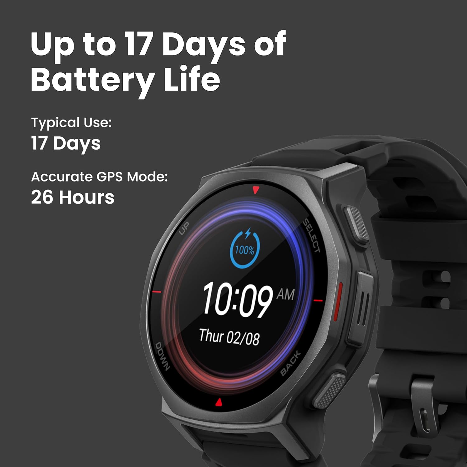 Up to 17 Days of Battery Life

Typical Use: 17 Days

Accurate GPS Mode: 26 Hours

10:09 AM Thur 02/08

UP SELECT 100%

DOWN BACK