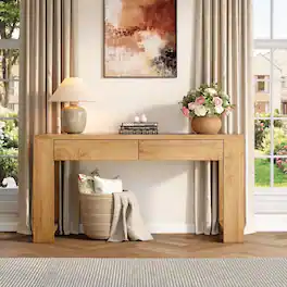 Furnulem - 60 Inch Light Oak Console Table with 2 Drawers and Side Shelves Farmhouse Entryway Sofa Table - Brown