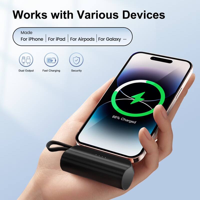 Works with Various Devices

Made For iPhone | For iPad | For Airpods | For Galaxy ...

Dual Output
Fast Charging
Security

88% Charged