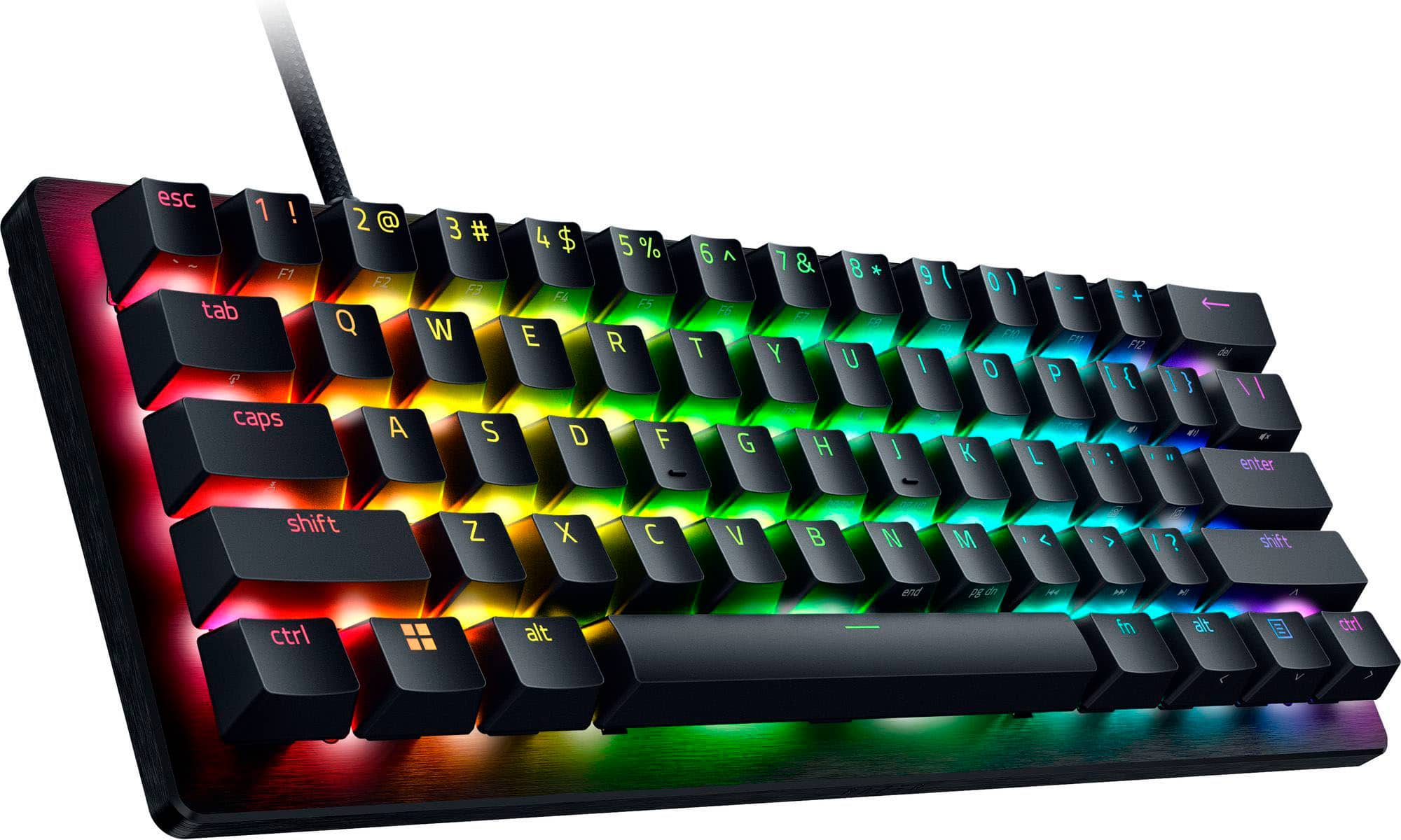 The image shows a close-up of a colorful keyboard with a rainbow pattern on the keys. The keys are labeled with letters and numbers, including the numbers 1 through 9, letters A through Z, and some special keys like the escape key, tab, and shift. The keyboard also features a few function keys, such as F1 through F12, and a few other special keys like the enter key and the ctrl, alt, and fn keys. The arrangement of the keys and their labels make it easy for users to type and navigate through various functions and applications.