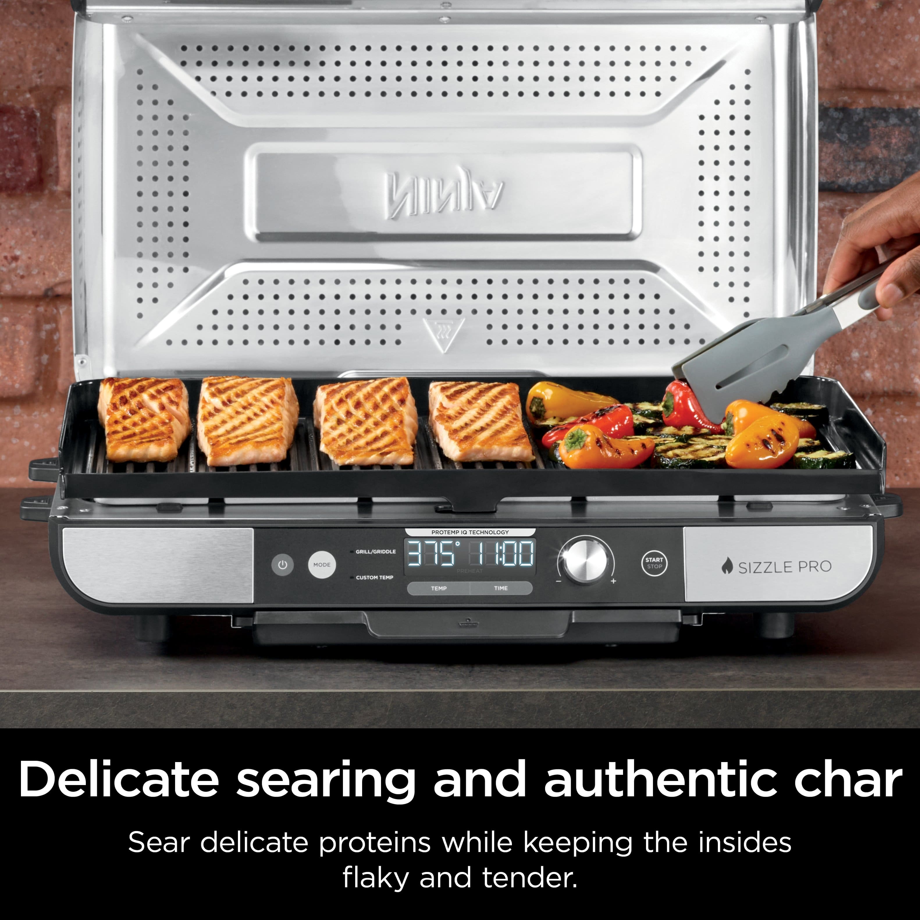 The text on the image reads: "NINJA 202 G - n - - 375 1:00 e Cion : START . SIZZLE PRO i Delicate searing and authentic char Sear delicate proteins while keeping the insides flaky and tender."
