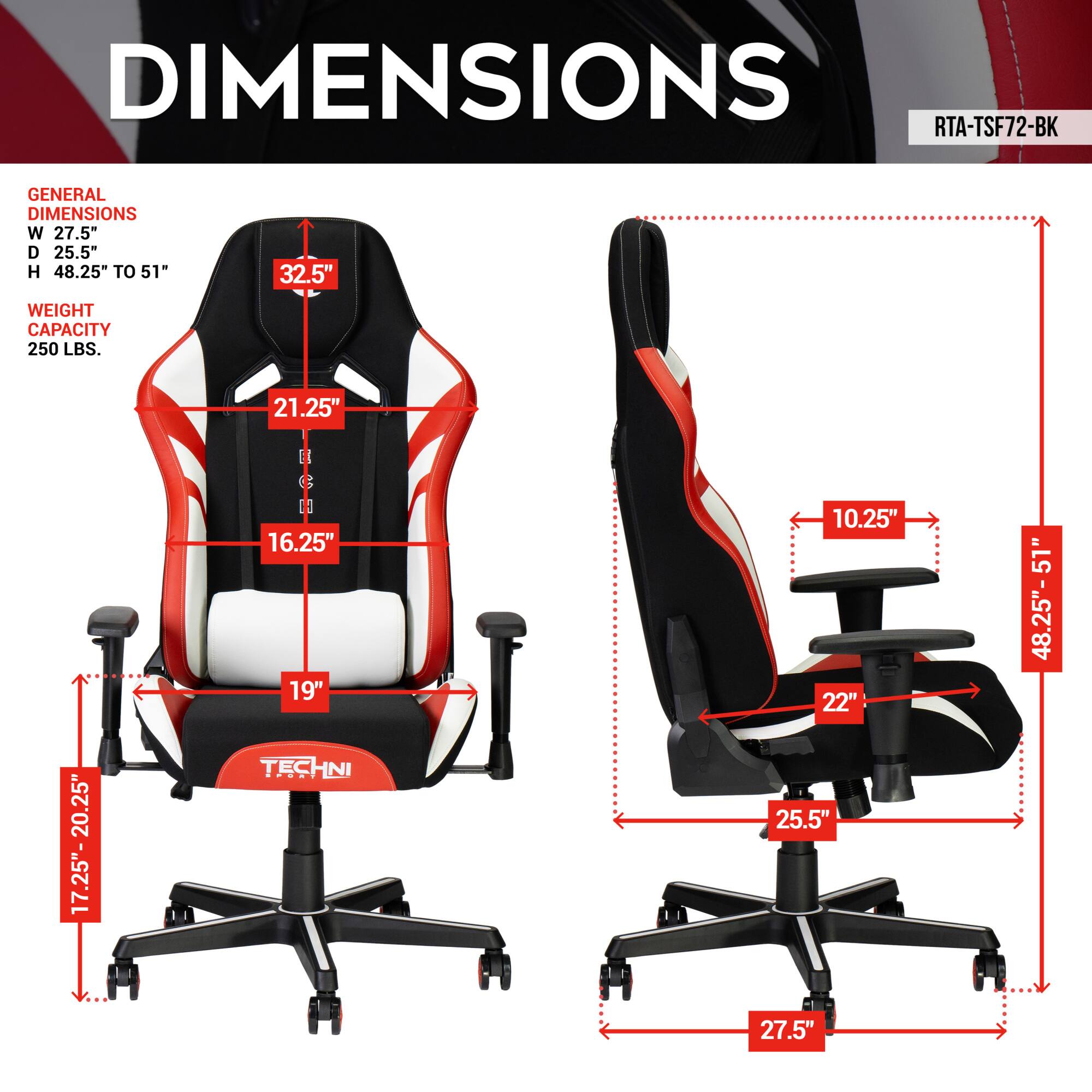 **DIMENSIONS**

**GENERAL DIMENSIONS**  
- W 27.5"  
- D 25.5"  
- H 48.25" TO 51"  
- WEIGHT CAPACITY 250 LBS.

**SPECIFIC DIMENSIONS**  
- 32.5"  
- 21.25"  
- 16.25"  
- 19"  
- 10.25"  
- 22"  
- 25.5"  
- 27.5"  
- 17.25" TO 20.25"  
- 48.25" TO 51"