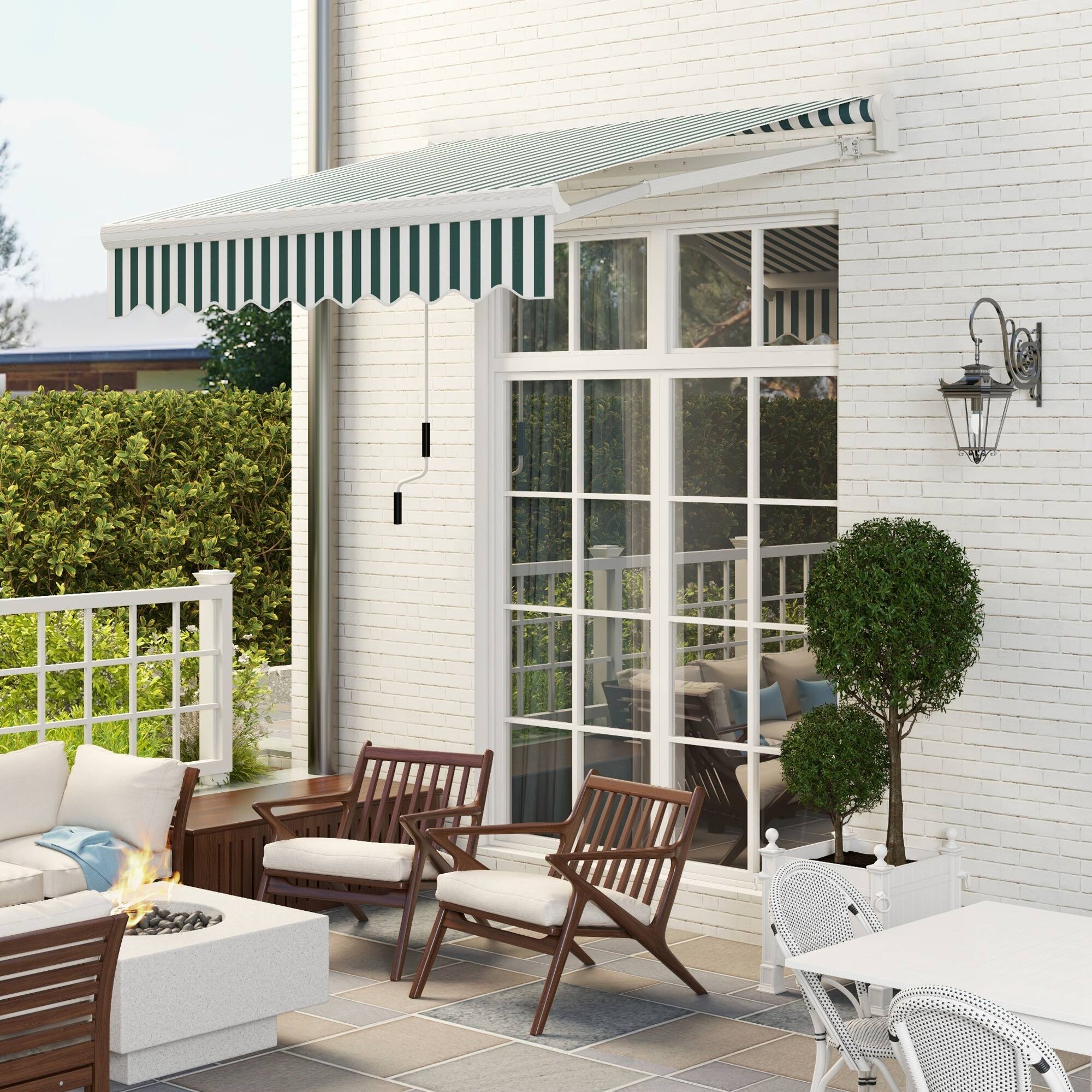 Angle. Outsunny - 8' x 7' Patio Retractable Awning, Manual Exterior Sun Shade Deck Window Cover - Green and White Stripes.