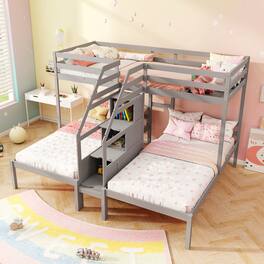 Gymax - Wooden Twin Over Twin & Twin Bunk Bed w/ 4-Step Storage Staircase Guardrail - Gray