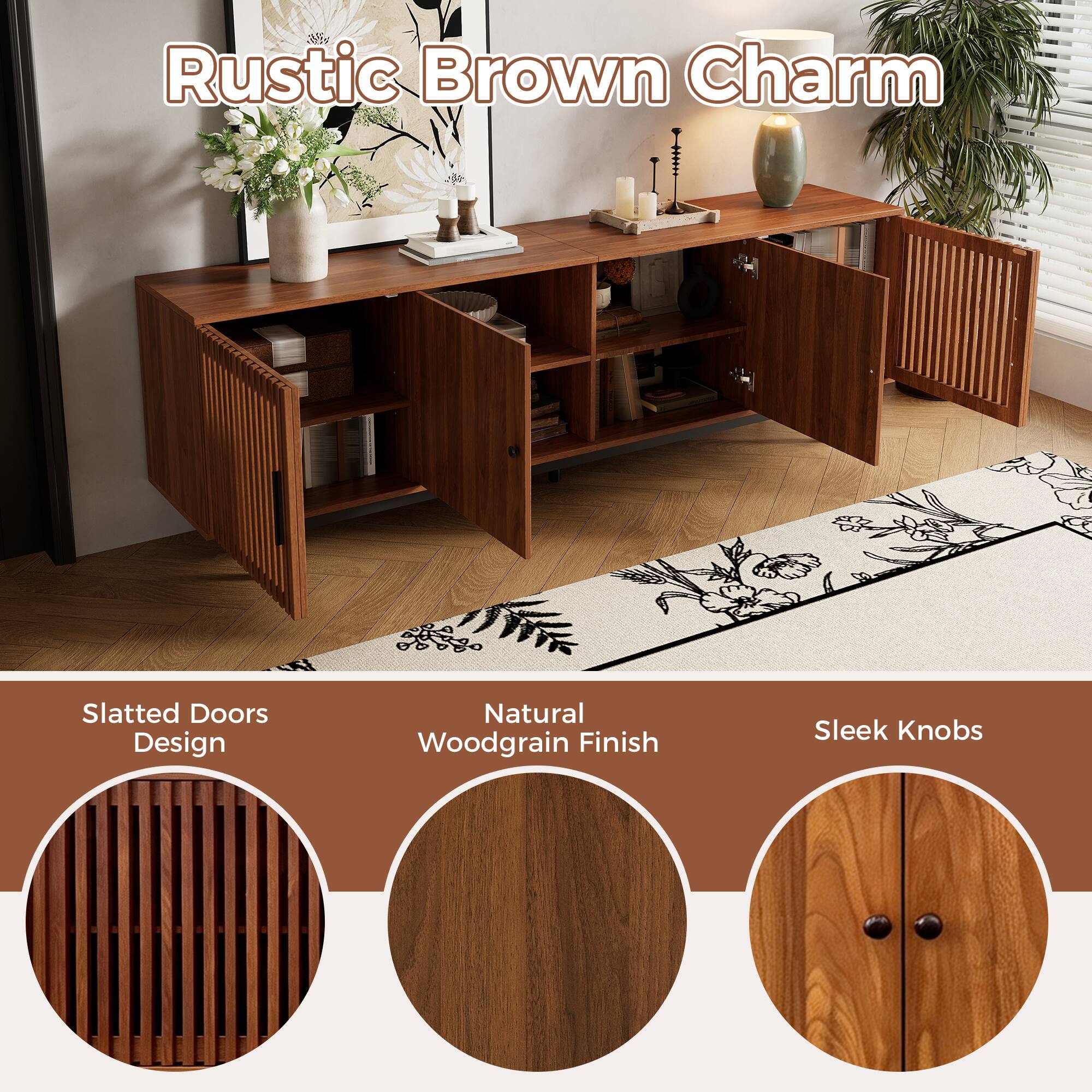 Rustic Brown Charm

Slatted Doors Design
Natural Woodgrain Finish
Sleek Knobs