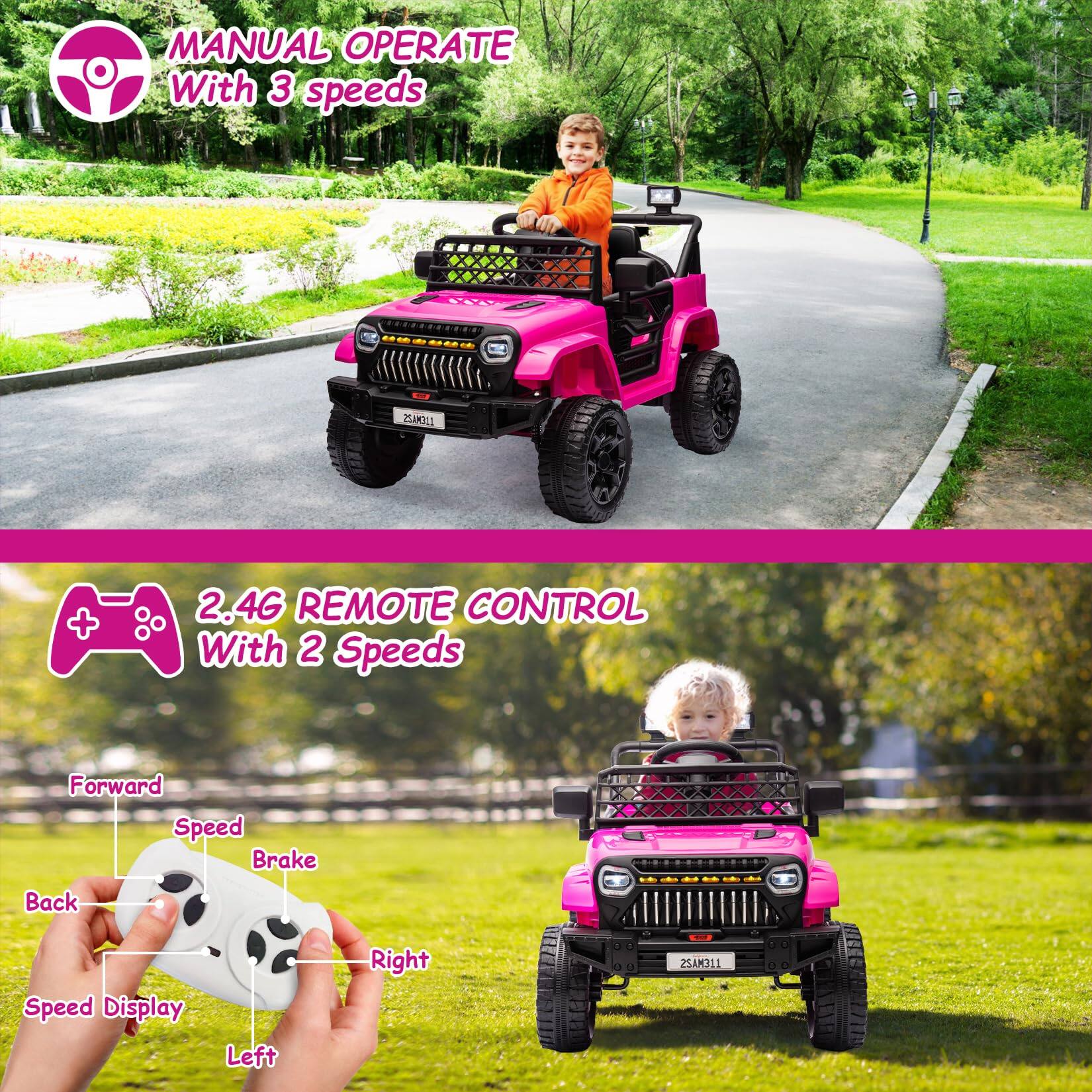 MANUAL OPERATE  
With 3 speeds

2.4G REMOTE CONTROL  
With 2 Speeds

Forward  
Speed  
Brake  
Back  
Speed Display  
Right  
Left