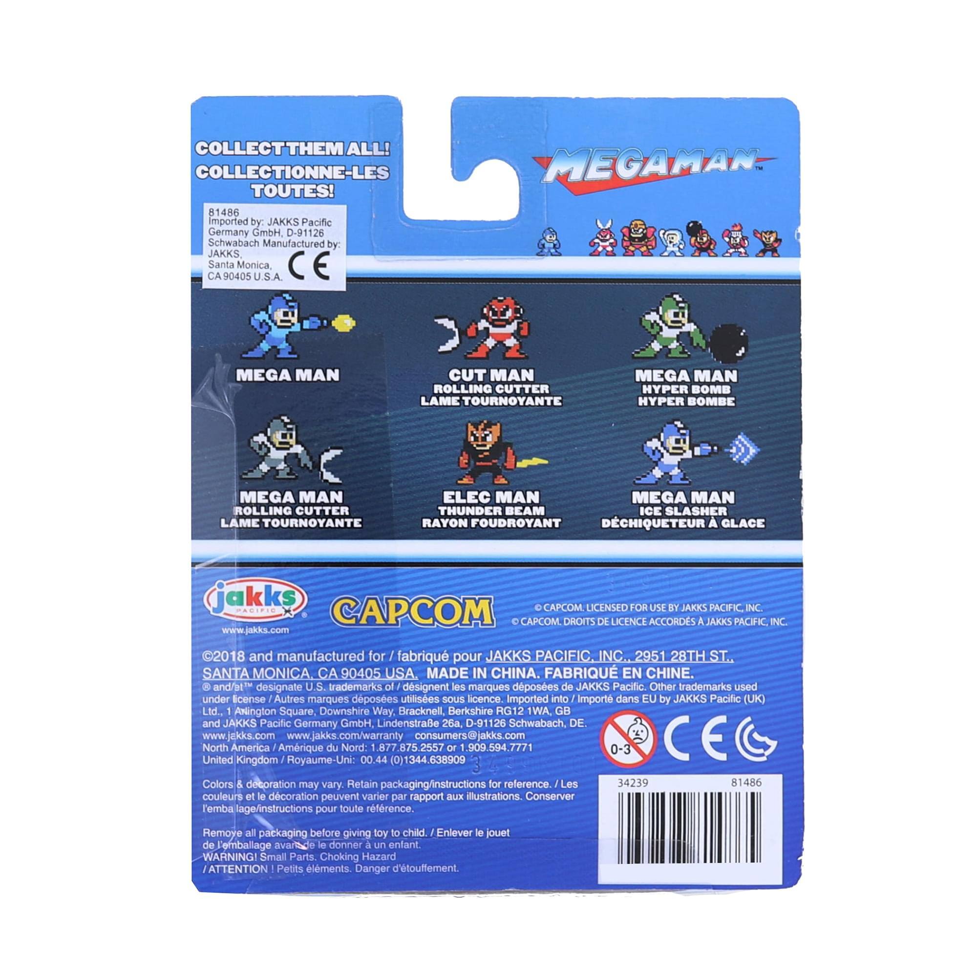 **Front:**

- MEGAMAN
- COLLECT THEM ALL! COLLECTIONNE-LES TOUTES!
- MEGA MAN
- CUT MAN ROLLING CUTTER LAME TOURNOYANTE
- MEGA MAN HYPER BOMB HYPER BOMBE
- MEGA MAN ROLLING CUTTER LAME TOURNOYANTE
- ELEC MAN THUNDER BEAM RAYON Foudroyant
- MEGA MAN ICE SLASHER DÉCHIQUETEUR À GLACE

**Back:**

- COLLECT THEM ALL! COLLECTIONNE-LES TOUTES!
- 81486
- Imported by: JAKKS Pacific Germany GmbH, D-91126 Schwabach
- Manufactured by: JAKKS Santa Monica, 90405 U.S.A.
- ©2018 and manufactured for JAKKS PACIFIC, INC., 2951 28TH ST., SANTA MONICA, CA 90405 USA. MADE IN CHINA. FABRIQUÉ EN CHINE.
- JAKKS PACIFIC, INC. 2951 28TH ST. CHINA