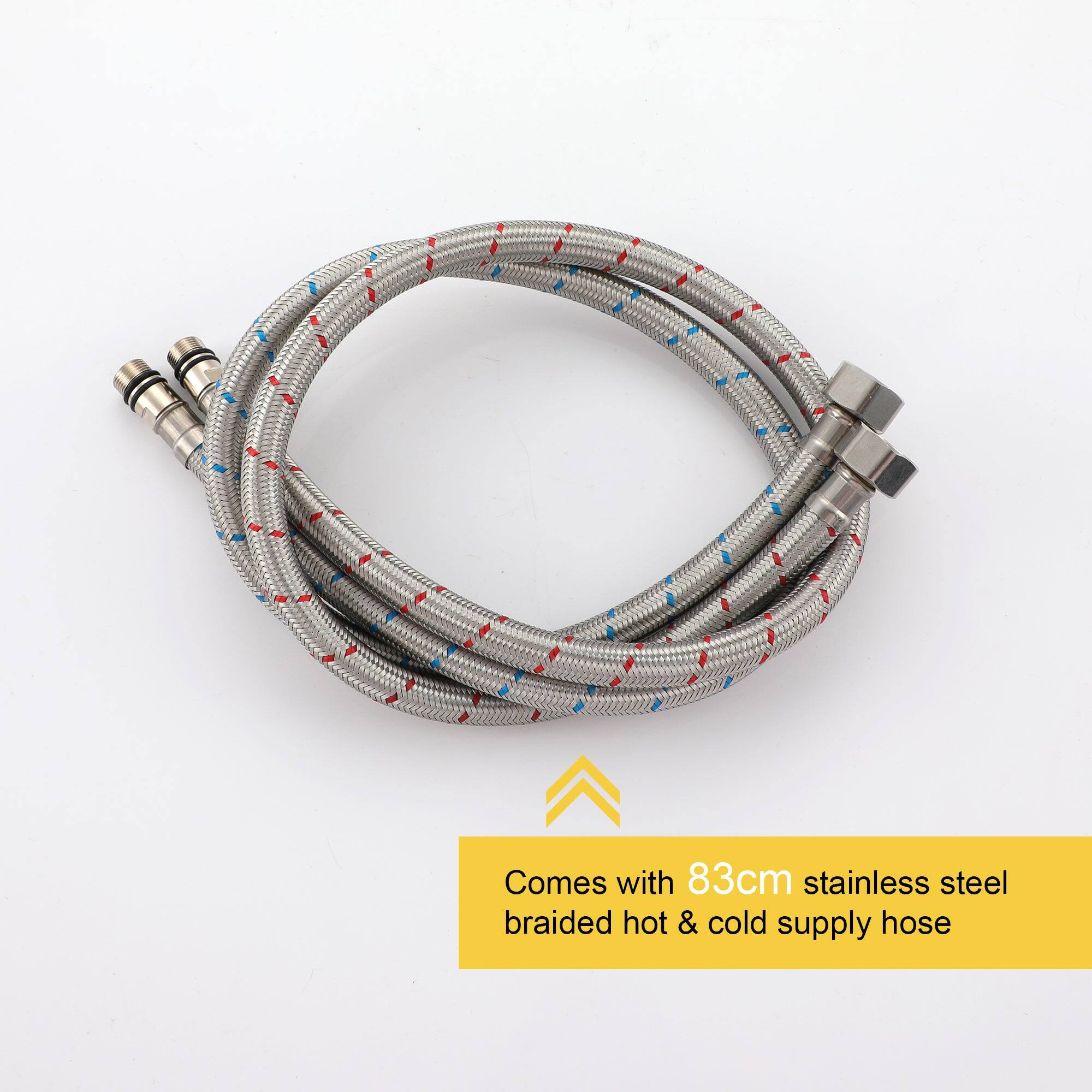 Comes with 83cm stainless steel braided hot & cold supply hose
