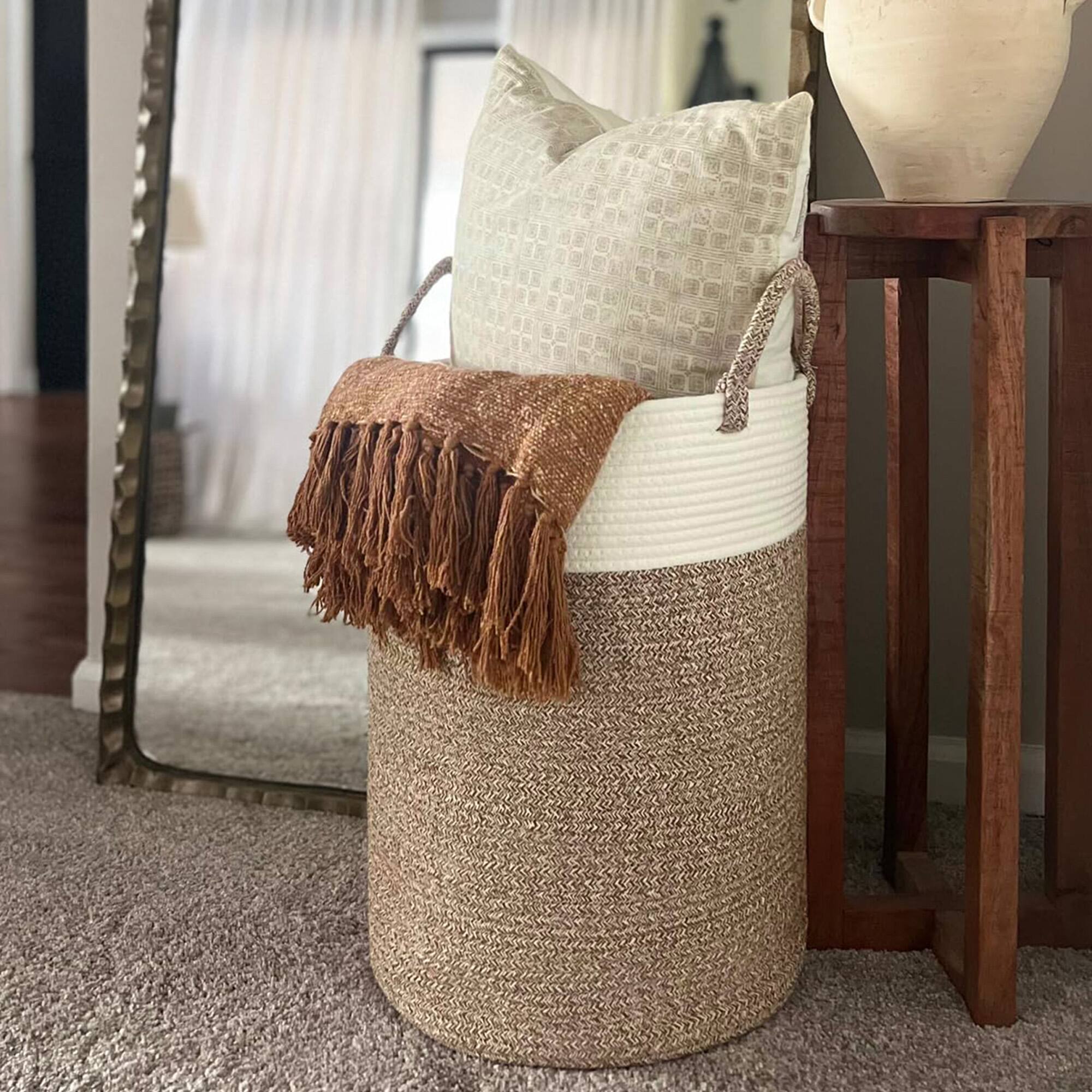 Alt View 2. Cheer Collection - Woven Cotton Rope Laundry Hamper – Large 16 x 16 x 22 in Storage Basket with Reinforced Handles - 2 Tone Tan - 2-Tone Tan.