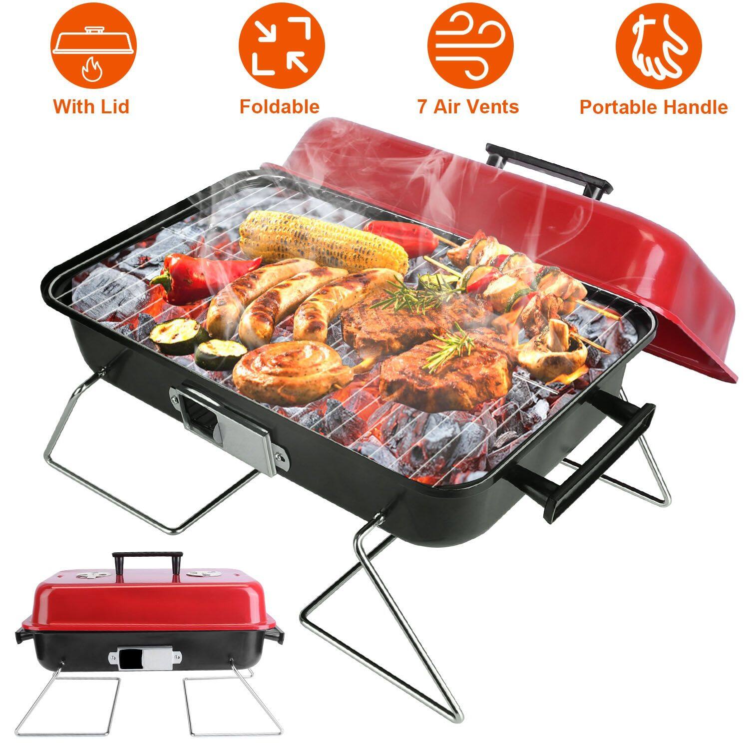 Mirfee - Portable Tabletop Charcoal Smoker Grill - Small Folding BBQ with Lid for Backyard, Camping, Picnics & Beach Use - Black