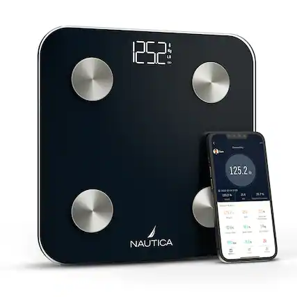 The image shows a Nautica scale with a smartphone placed on top of it. The scale displays the weight of 125.2 kg, which is equivalent to 275.2 lbs. The smartphone is connected to the scale, and it shows the weight in both kg and lbs. The image also shows the time of 12:52, which is likely the time when the weight was measured. The scale and smartphone are placed on a white background, making the image visually appealing and easy to read.