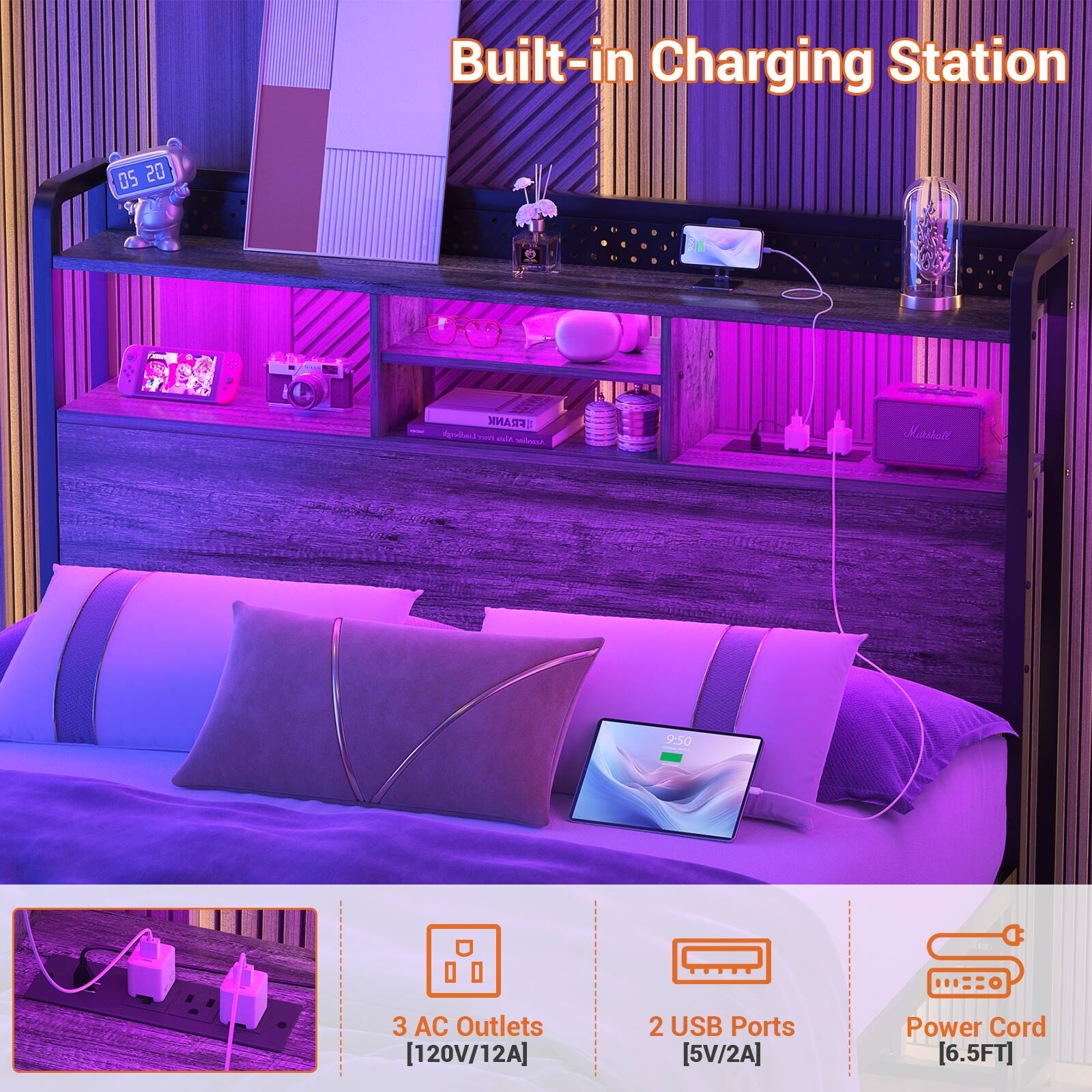 Built-in Charging Station

- 3 AC Outlets [120V/12A]
- 2 USB Ports [5V/2A]
- Power Cord [6.5FT]