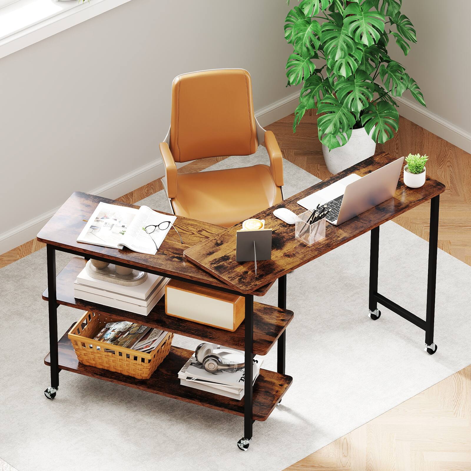 Alt View 7. Gymax - Gymax 360° Free Rotating Sofa Side Table Mobile L-shaped Laptop Table w/ Sliding Tabletop - Rustic Brown.